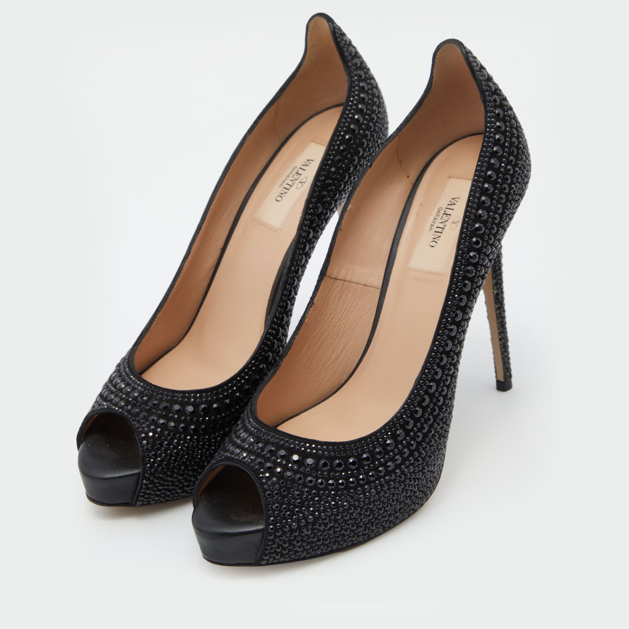 

Valentino Black Suede Crystal Embellished Peep Toe Platform Pumps Size