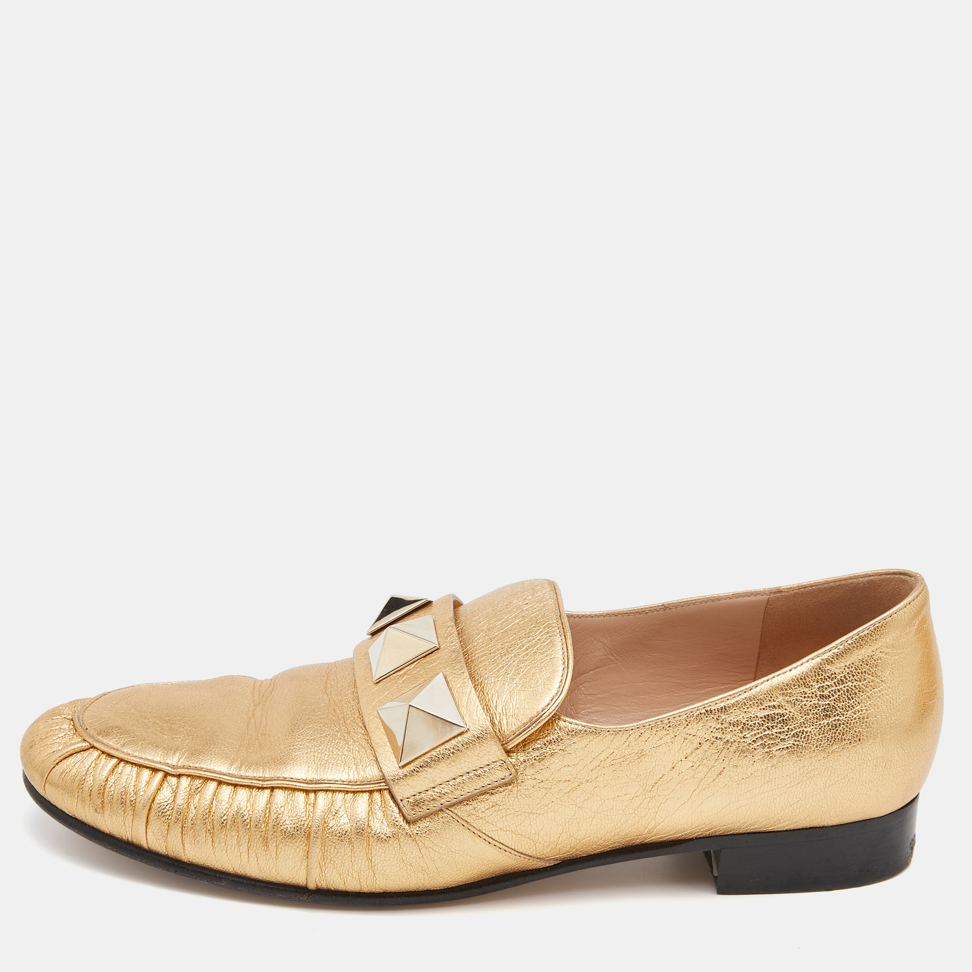 Pre-owned Valentino Garavani Metallic Gold Leather Rockstud Slip On Loafers Size 36.5