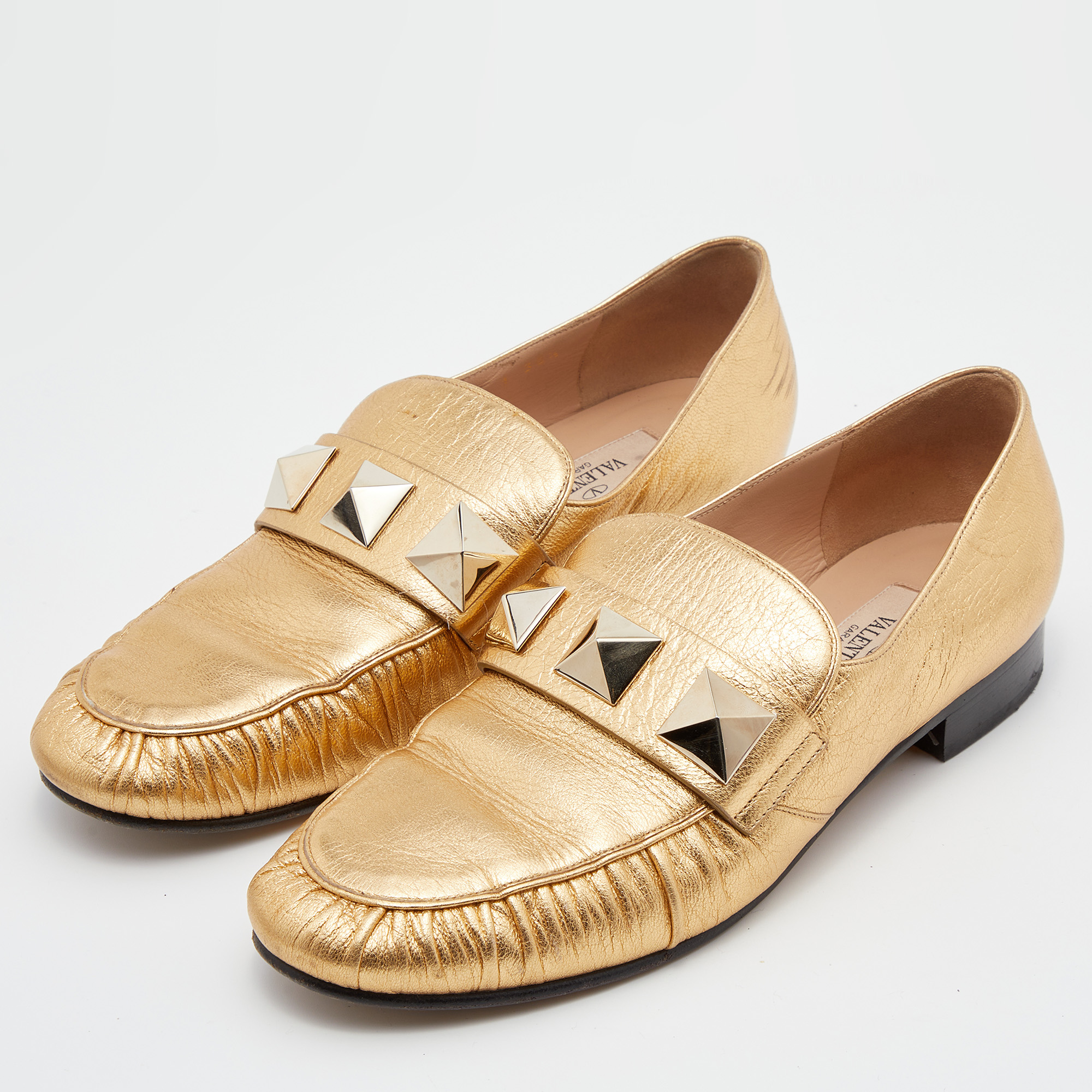 

Valentino Metallic Gold Leather Rockstud Slip On Loafers Size