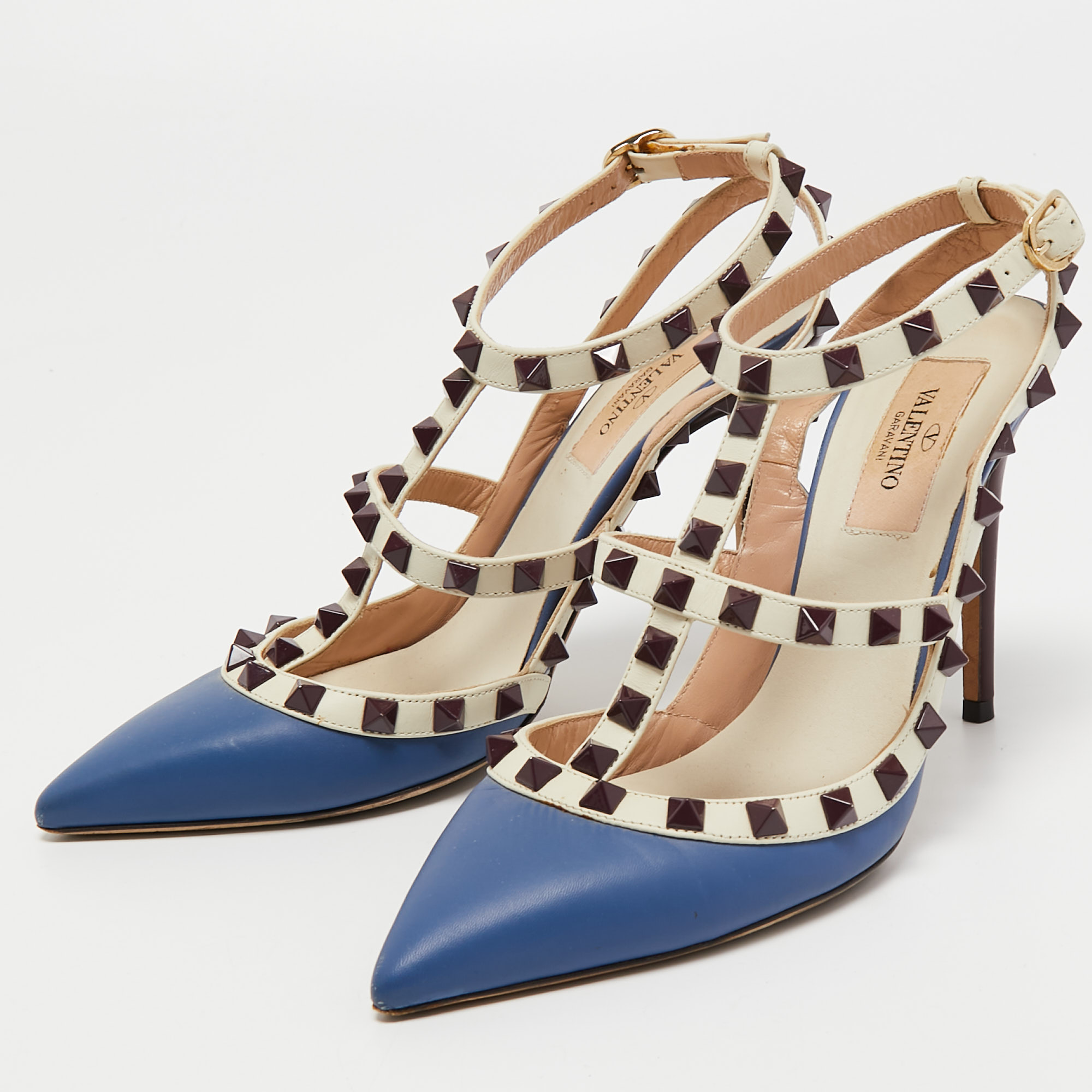 

Valentino Blue/White Leather Rockstud Ankle Strap Pumps Size