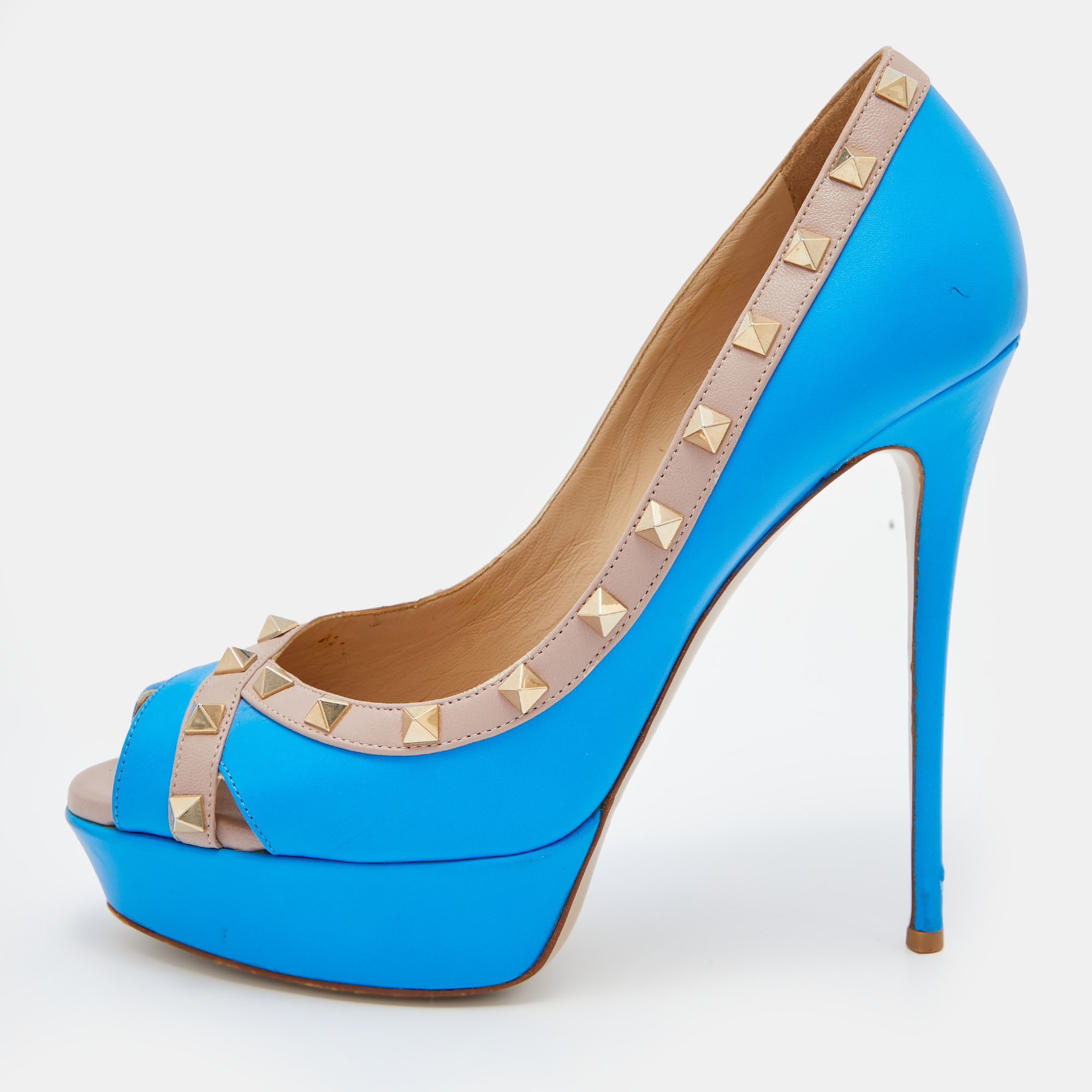 

Valentino Blue/Beige Leather Rockstud Peep Toe Platform Pumps Size