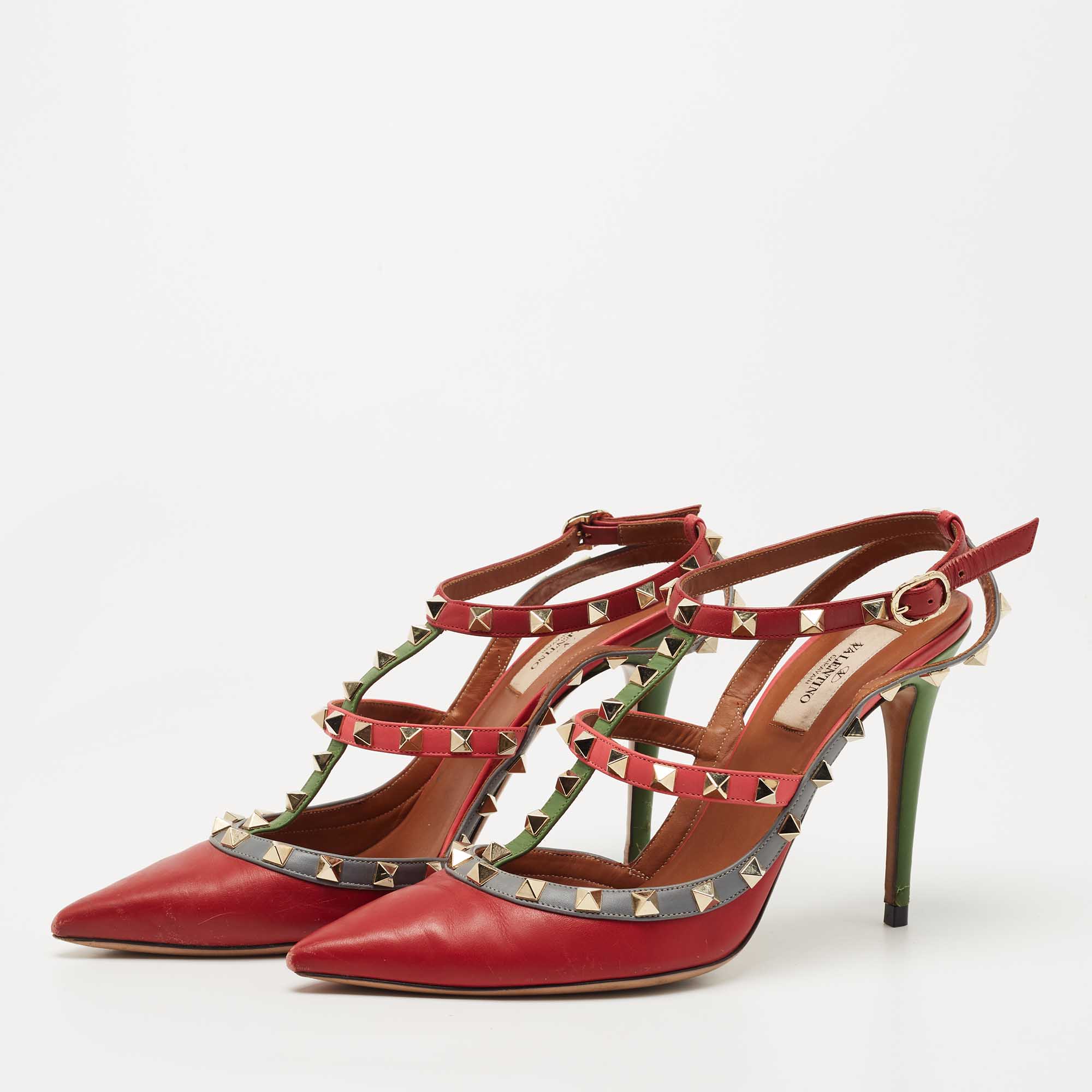 

Valentino Multicolor Leather Rockstud Ankle Strap Pumps Size