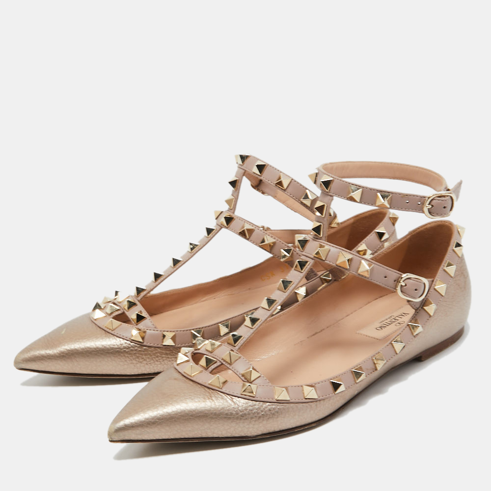 

Valentino Beige Metallic Leather Rockstud Ankle Strap Ballet Flats Size