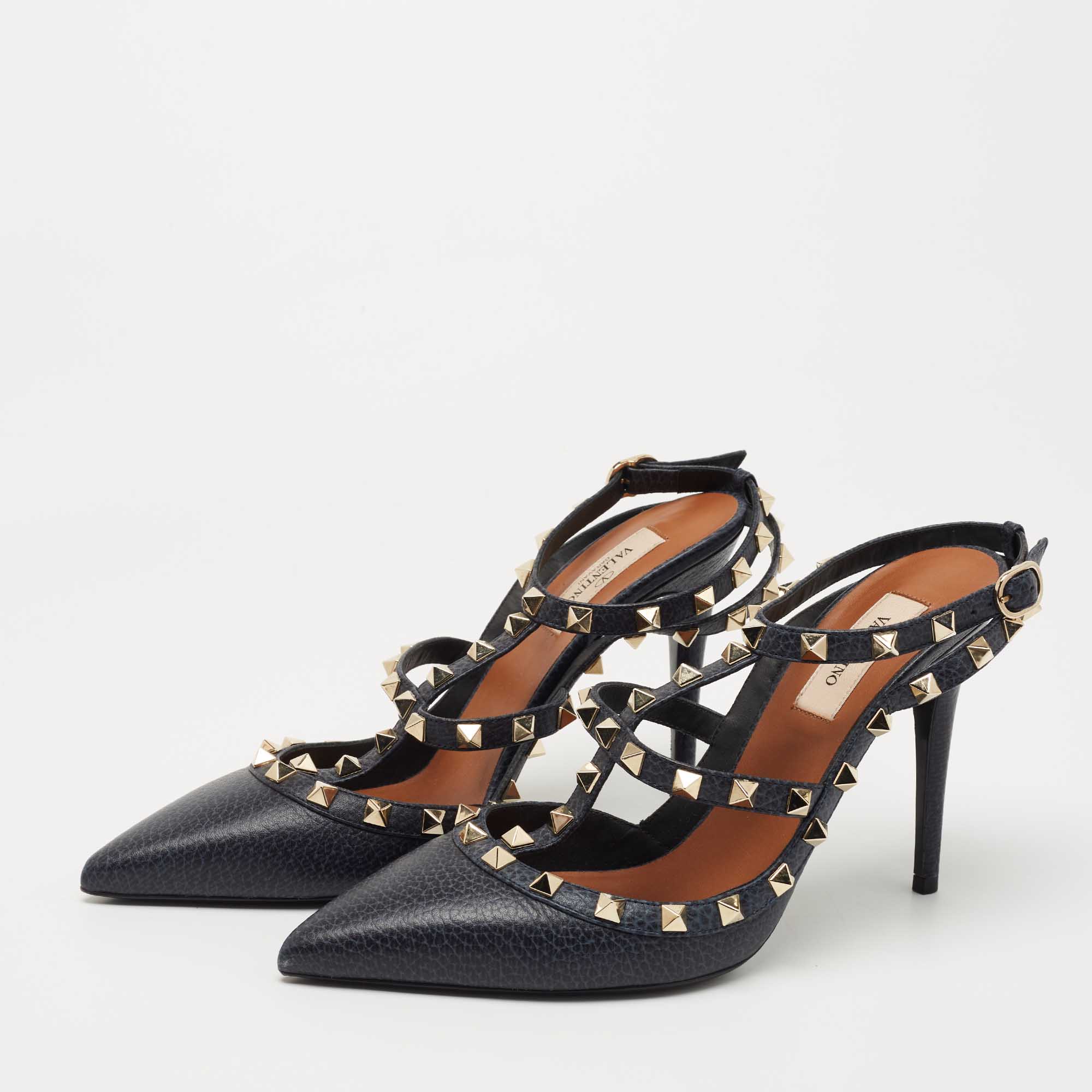 

Valentino Navy Blue Leather Rockstud Ankle Strap Pumps Size