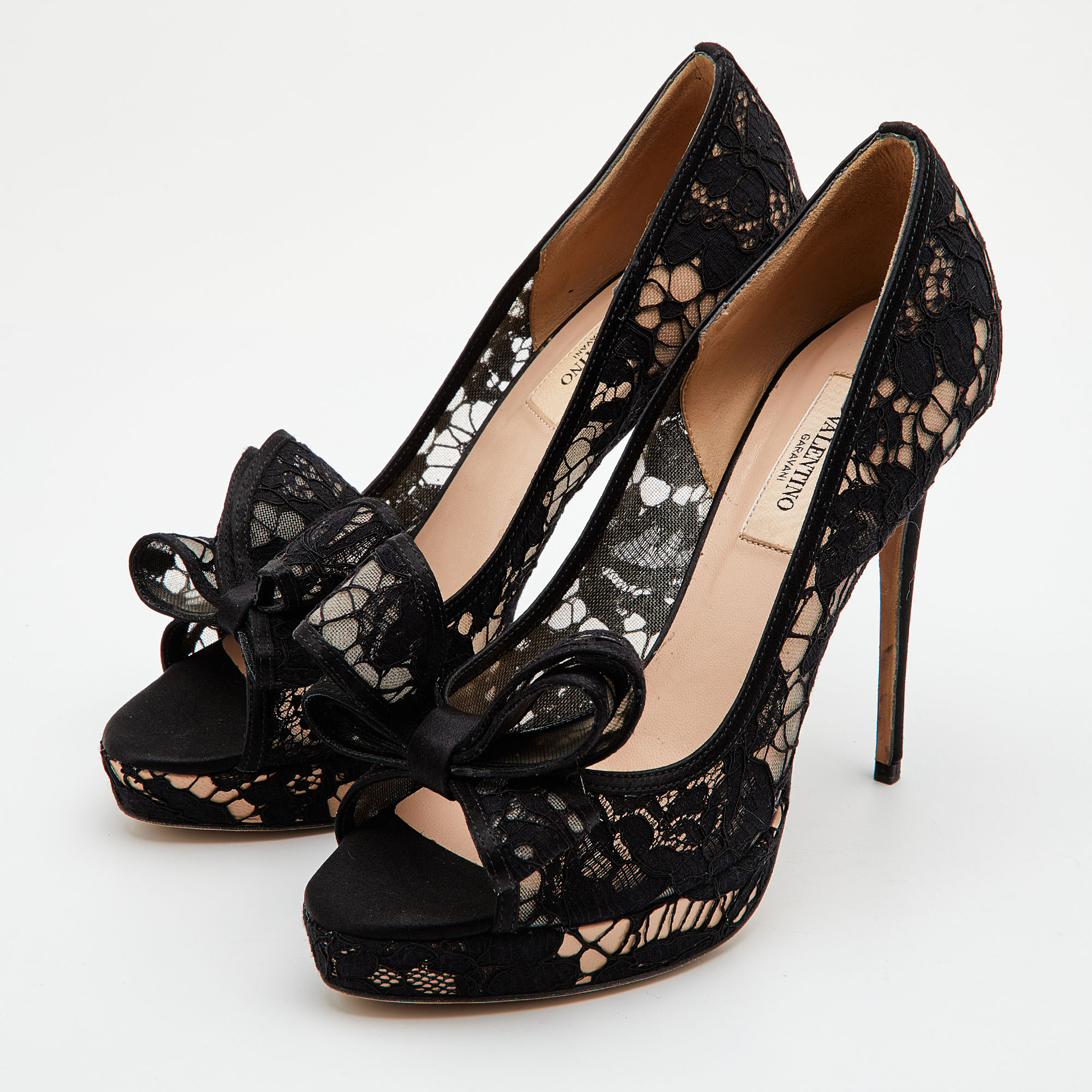 

Valentino Black Lace Couture Bow Open Toe Platform Pumps Size
