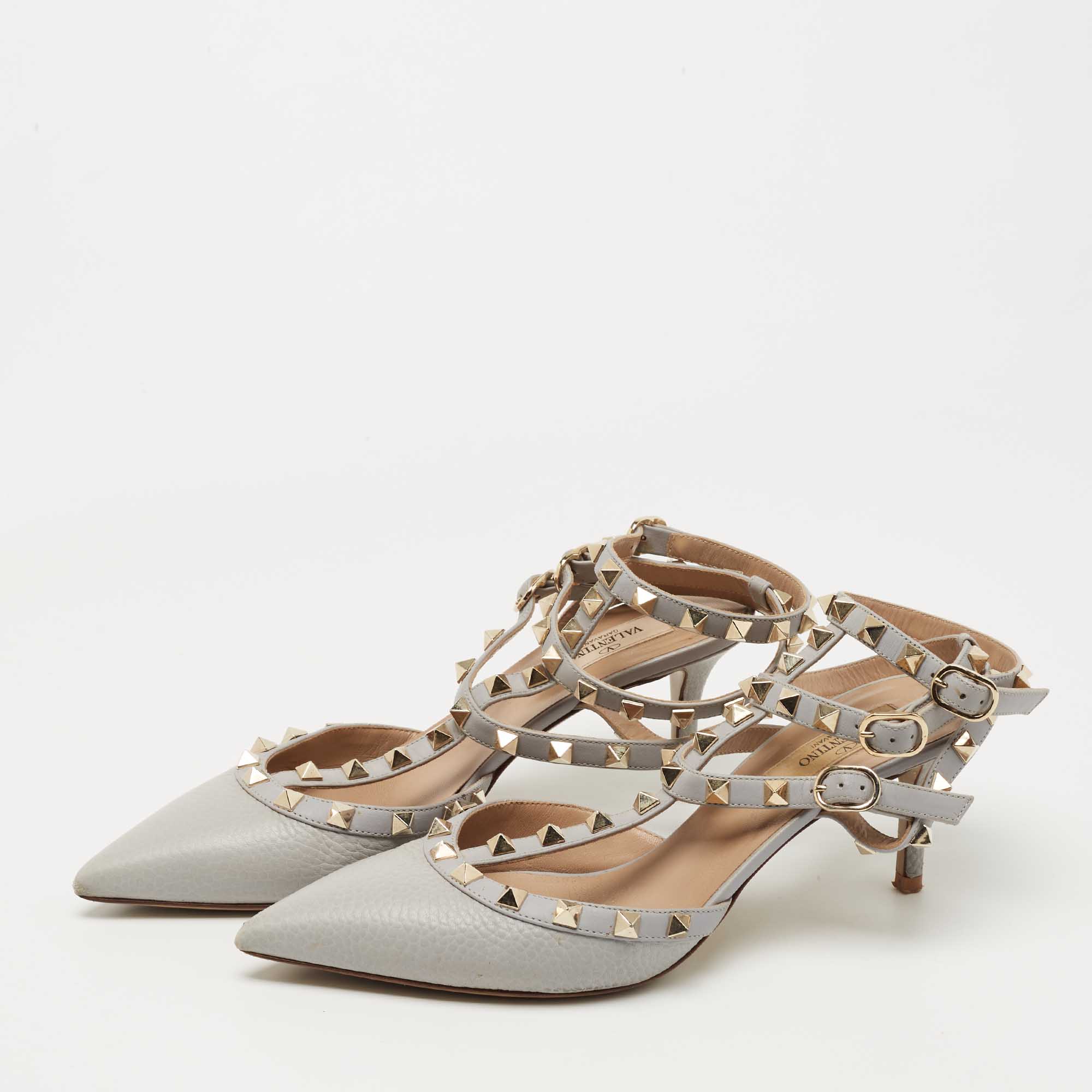 

Valentino Grey Leather Rockstud Ankle Strap Pumps Size