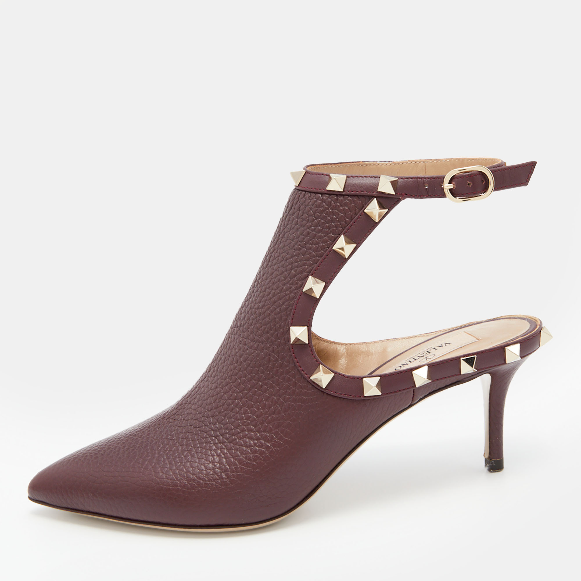 Pre-owned Valentino Garavani Burgundy Leather Rockstud Cutout Pointed Toe Ankle Boots Size 36.5