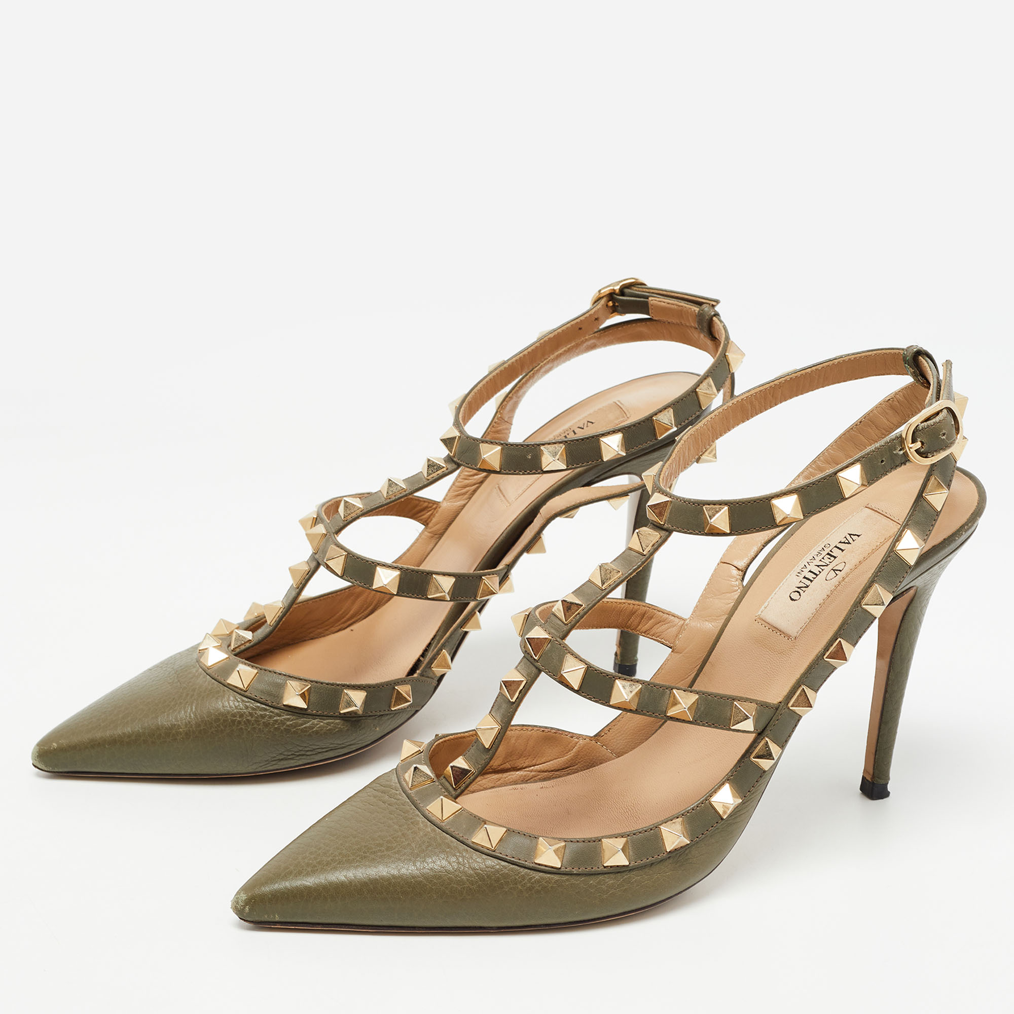 

Valentino Army Green Leather Rockstud Ankle Strap Pumps Size
