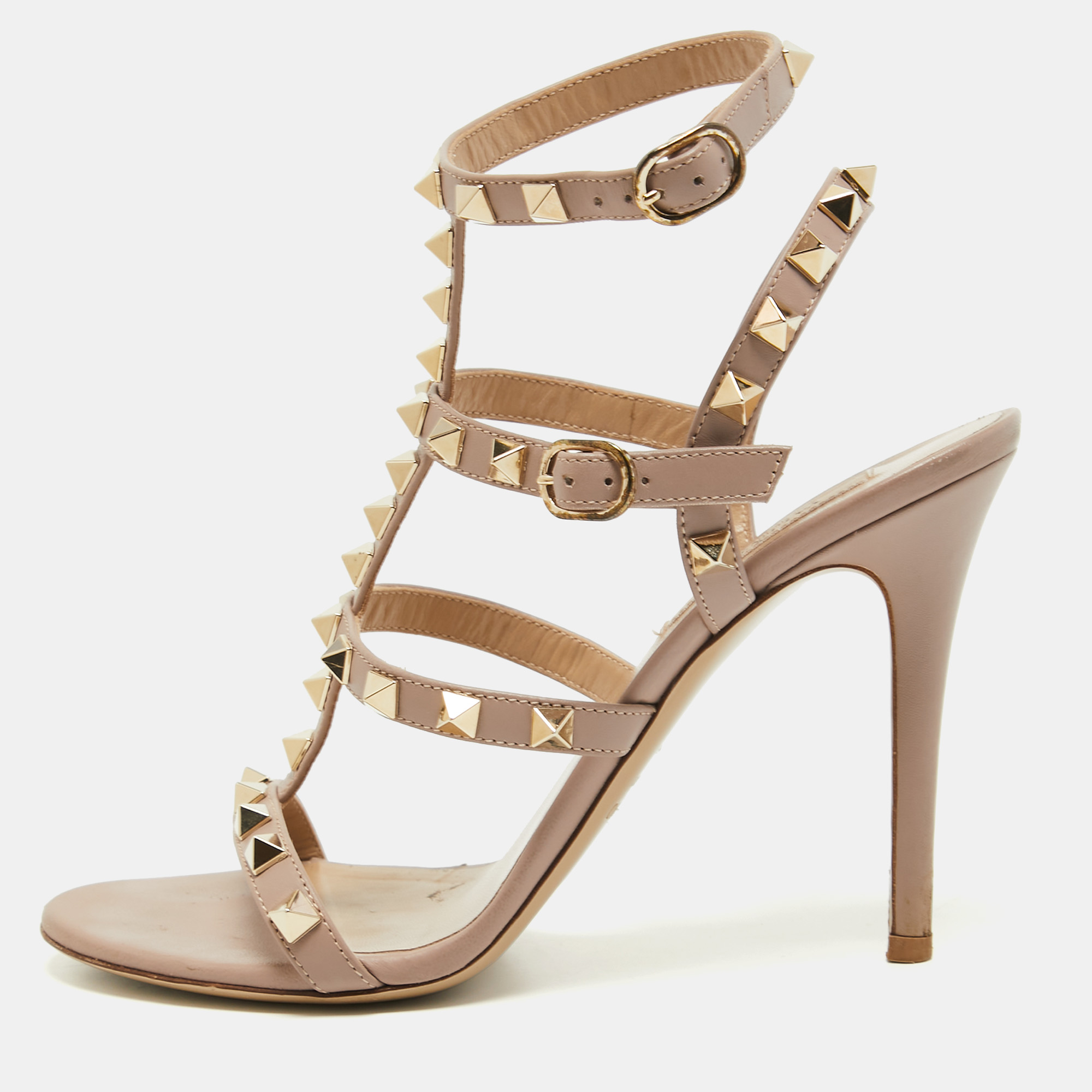 Pre Owned Valentino Beige Leather Rockstud Sandals Size 36