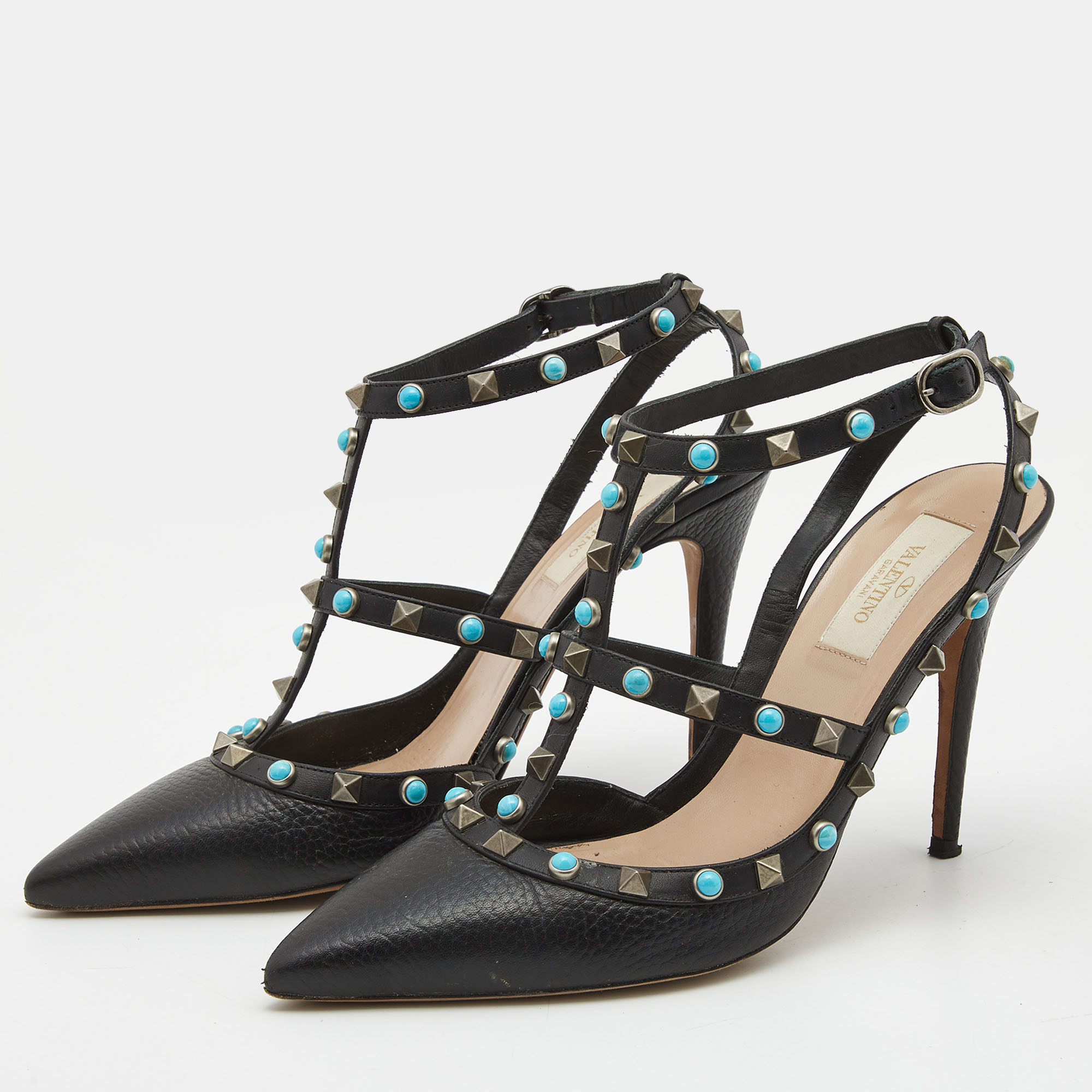 

Valentino Black Leather Rockstud Ankle Strap Pumps Size