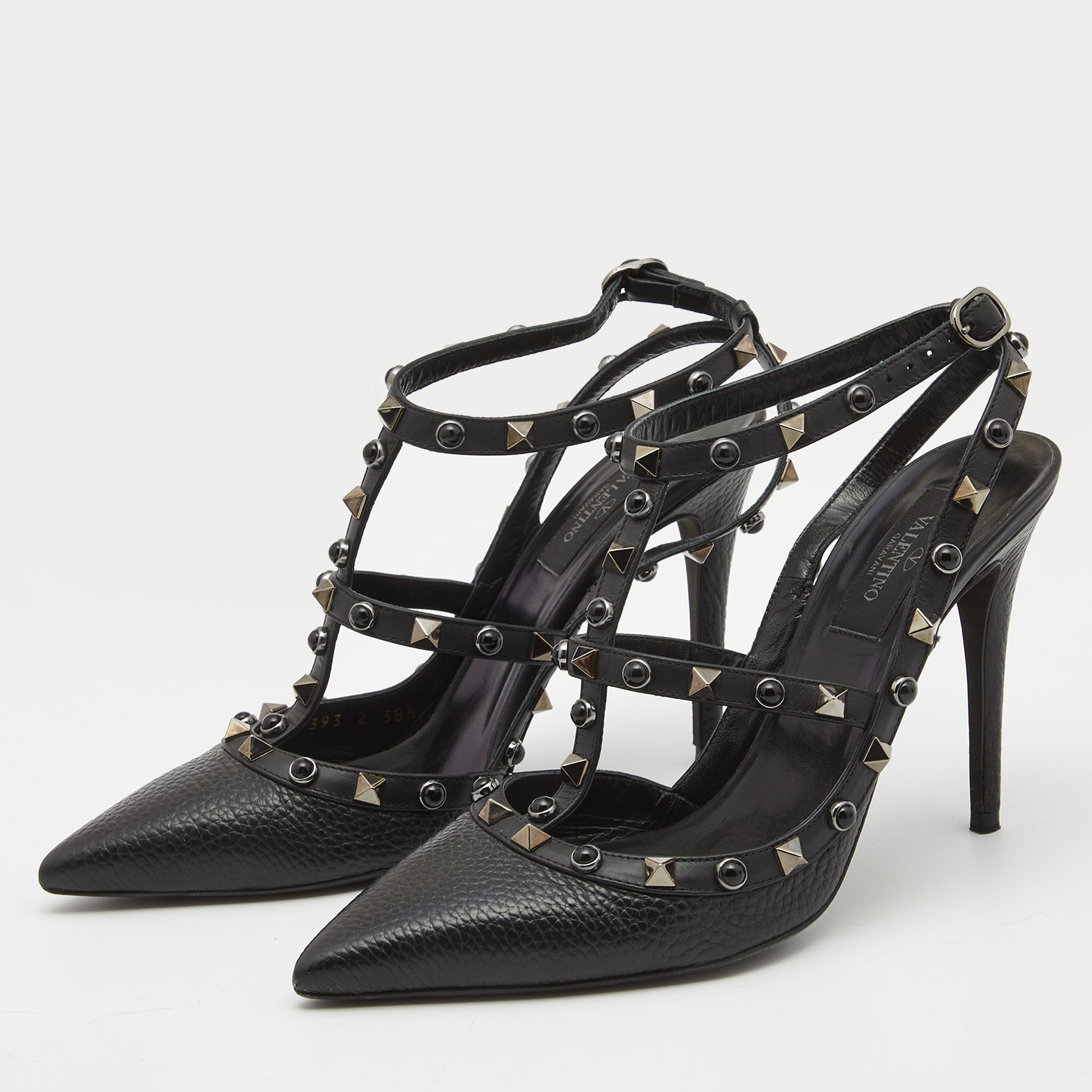 

Valentino Black Leather Rockstud Ankle Strap Pumps Size