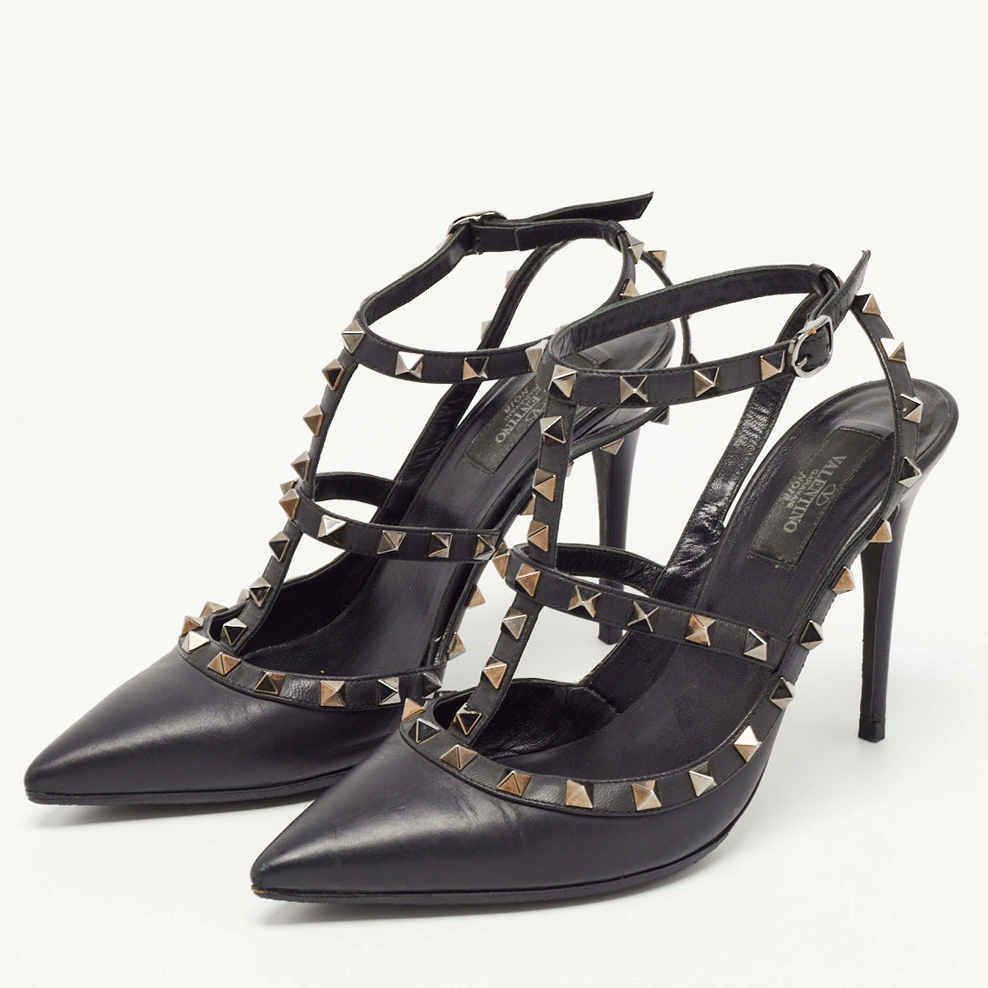 

Valentino Black Leather Rockstud Ankle Strap Pumps Size