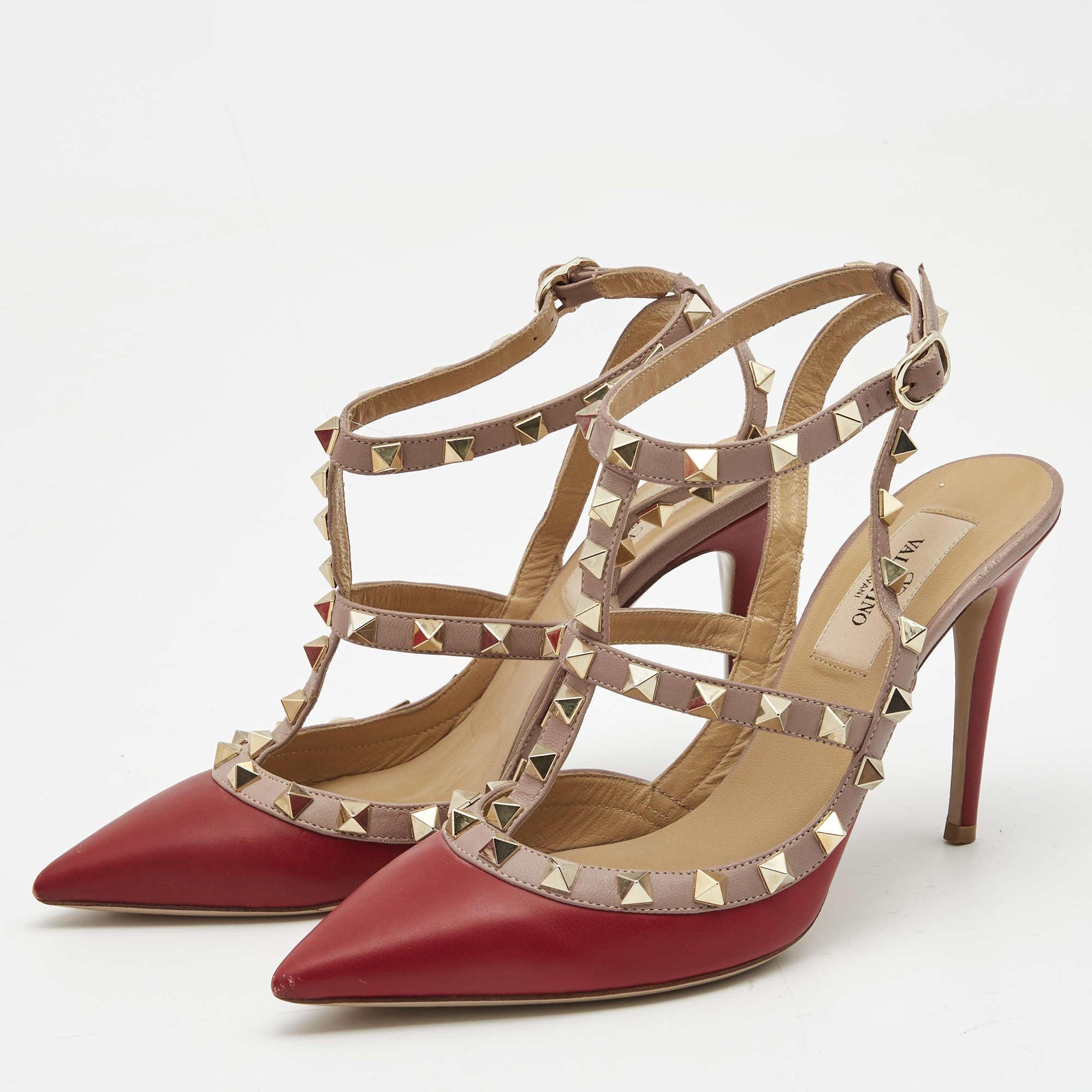 

Valentino Red Leather Rockstud Ankle Strap Pumps Size