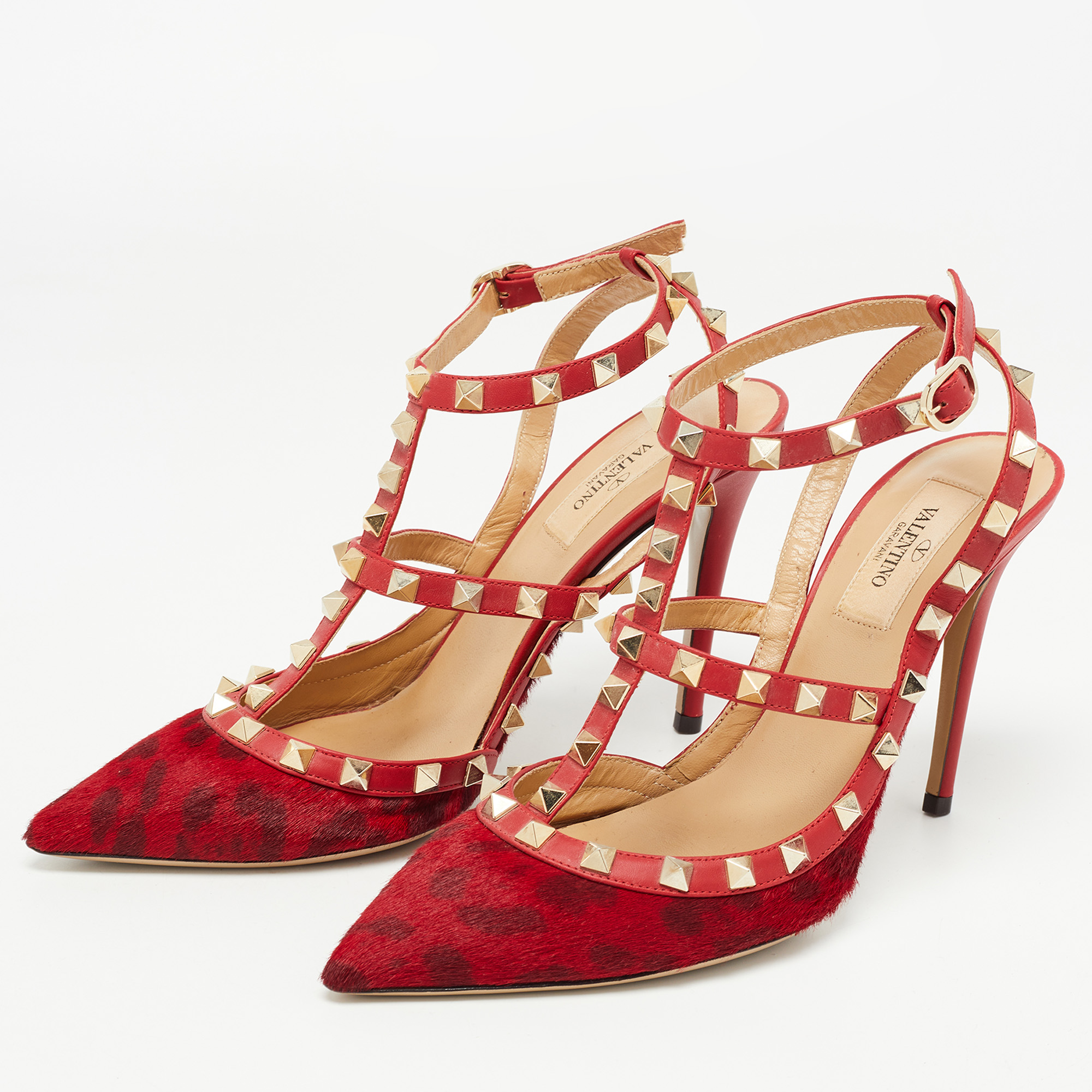 

Valentino Red Leopard Print Calf Hair and Leather Rockstud Ankle Strap Pumps Size