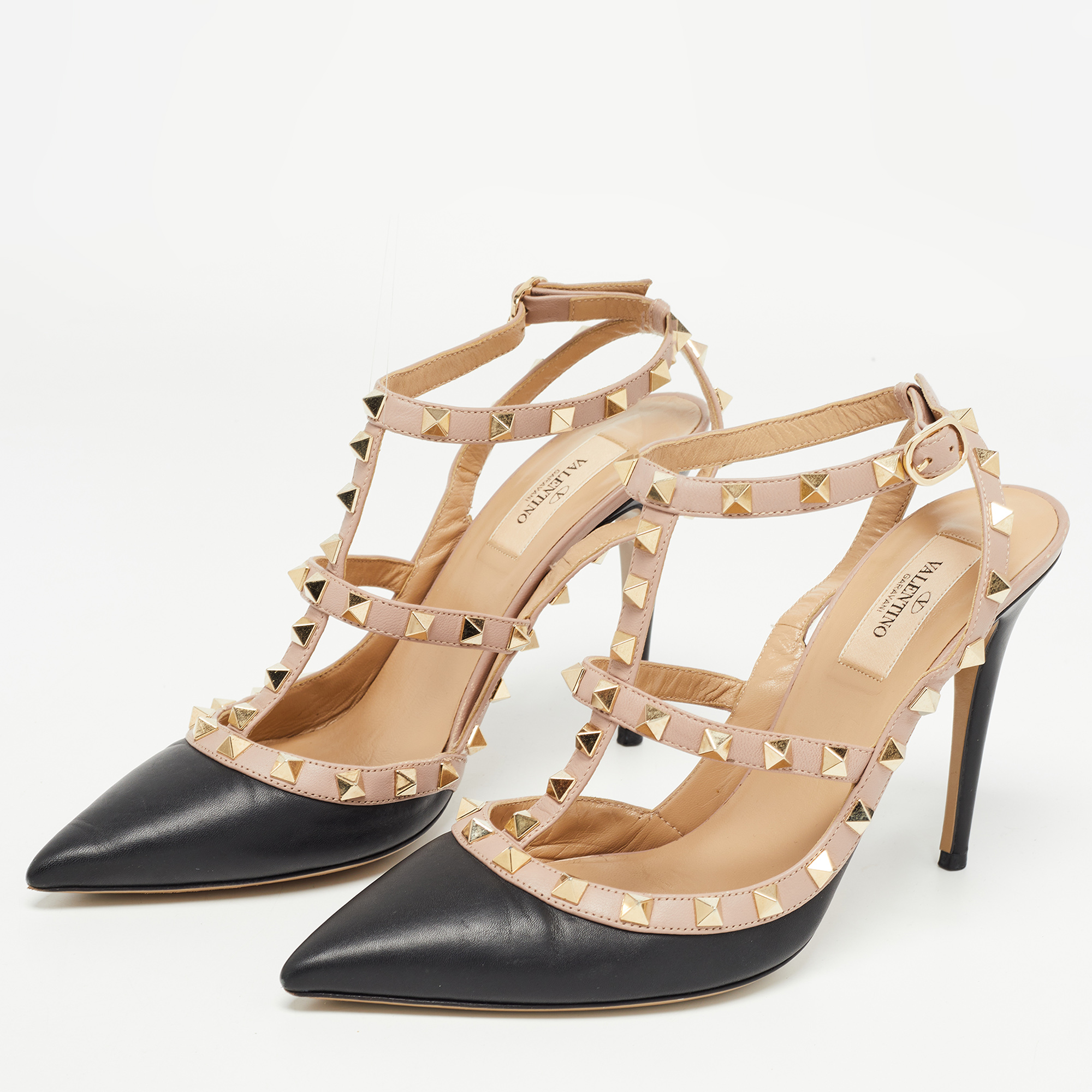 

Valentino Black/Dusty Pink Leather Rockstud Ankle Strap Pumps Size