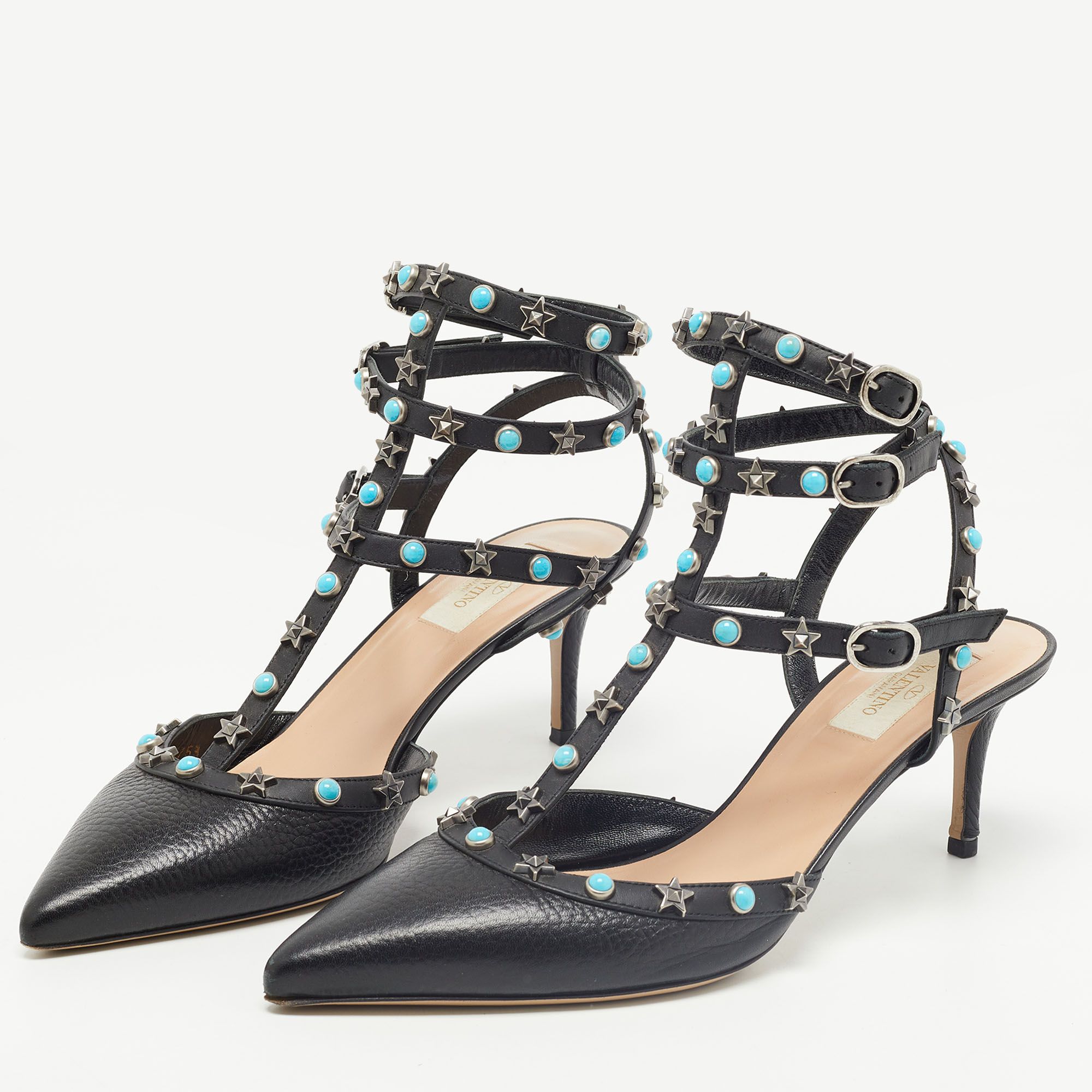 

Valentino Black Leather Rockstud Ankle Strap Pumps Size