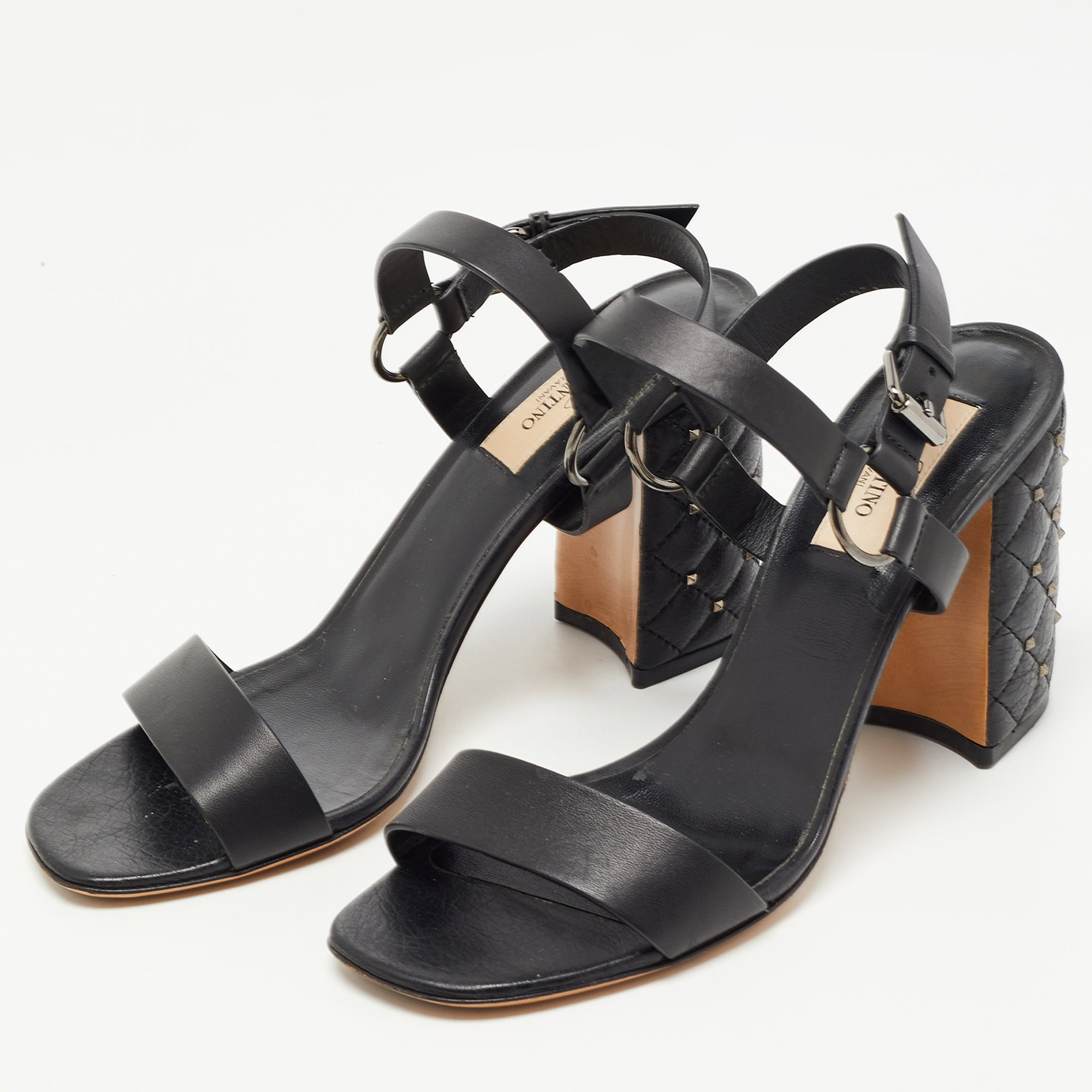 

Valentino Black Leather Studded Heel Ankle Strap Sandals Size