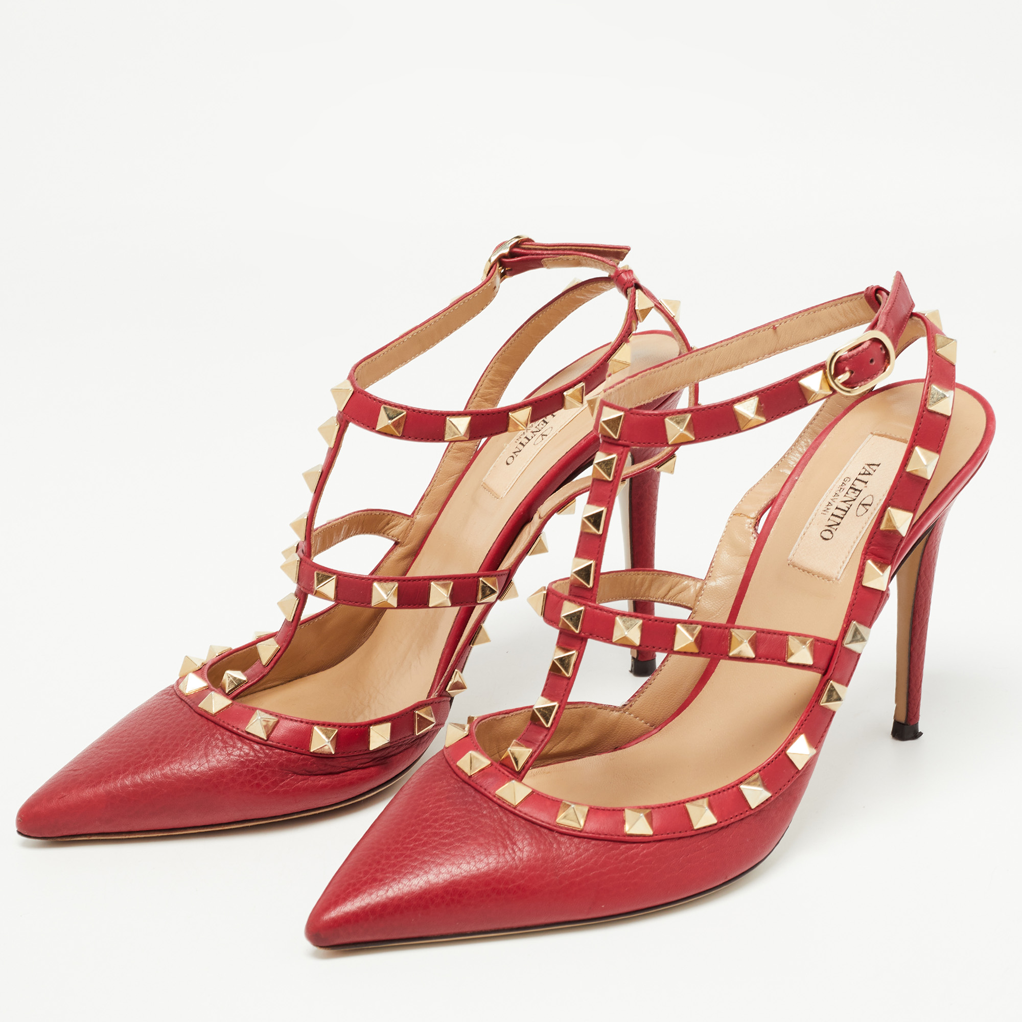 

Valentino Red Leather Rockstud Ankle Strap Pumps Size