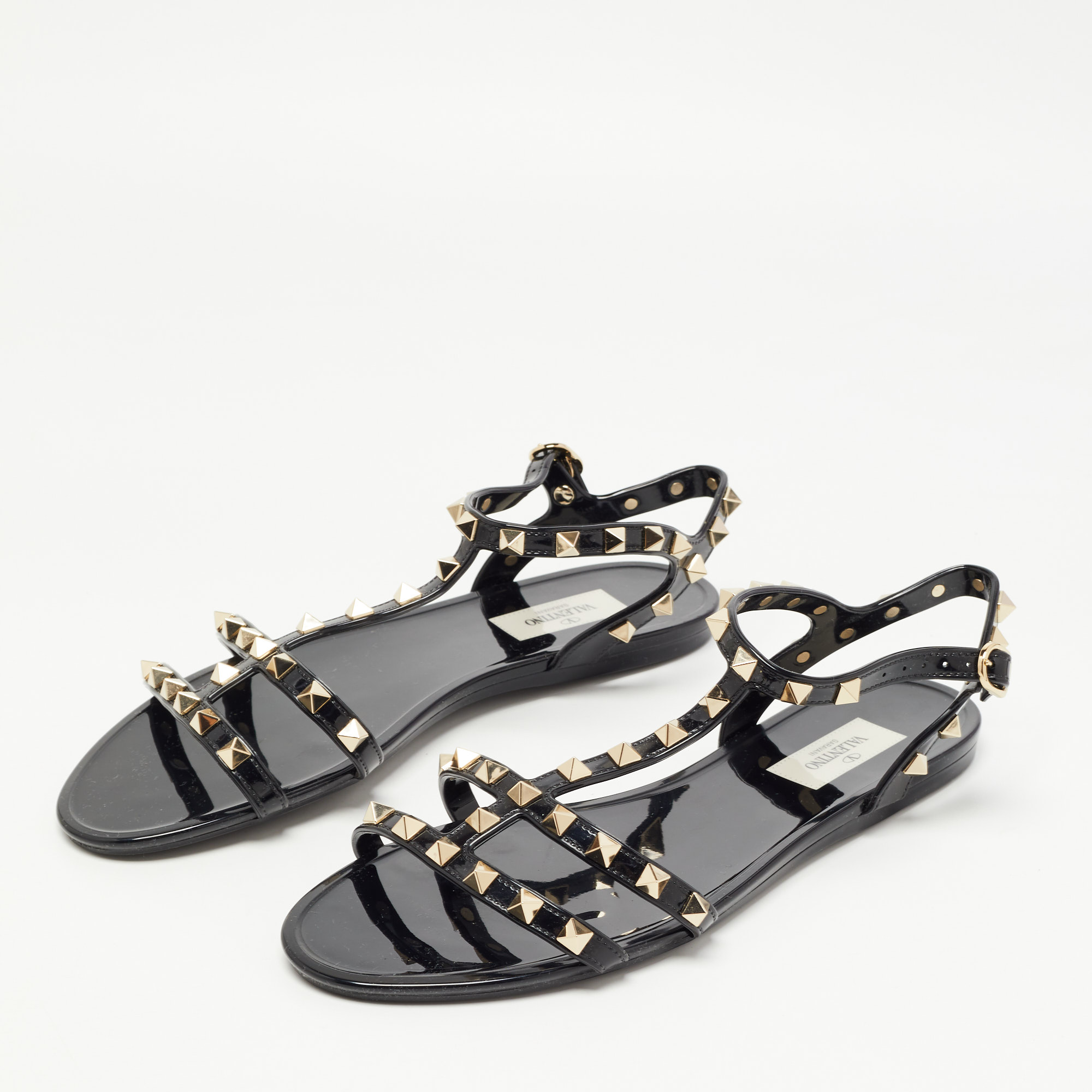 

Valentino Black Rubber Rockstud Ankle Strap Flat Sandals Size