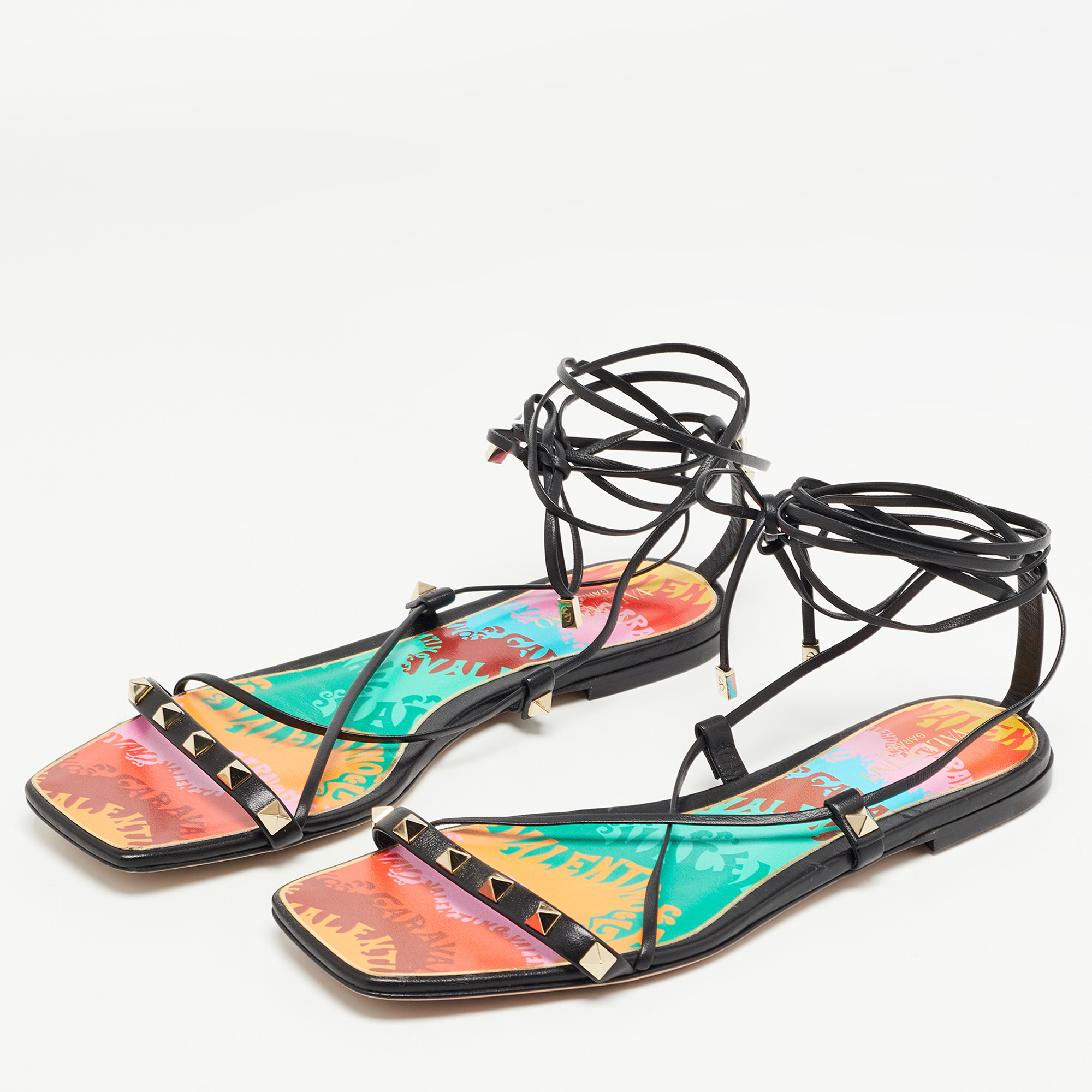 

Valentino Black Leather Rockstud Ankle Tie Flat Sandals Size