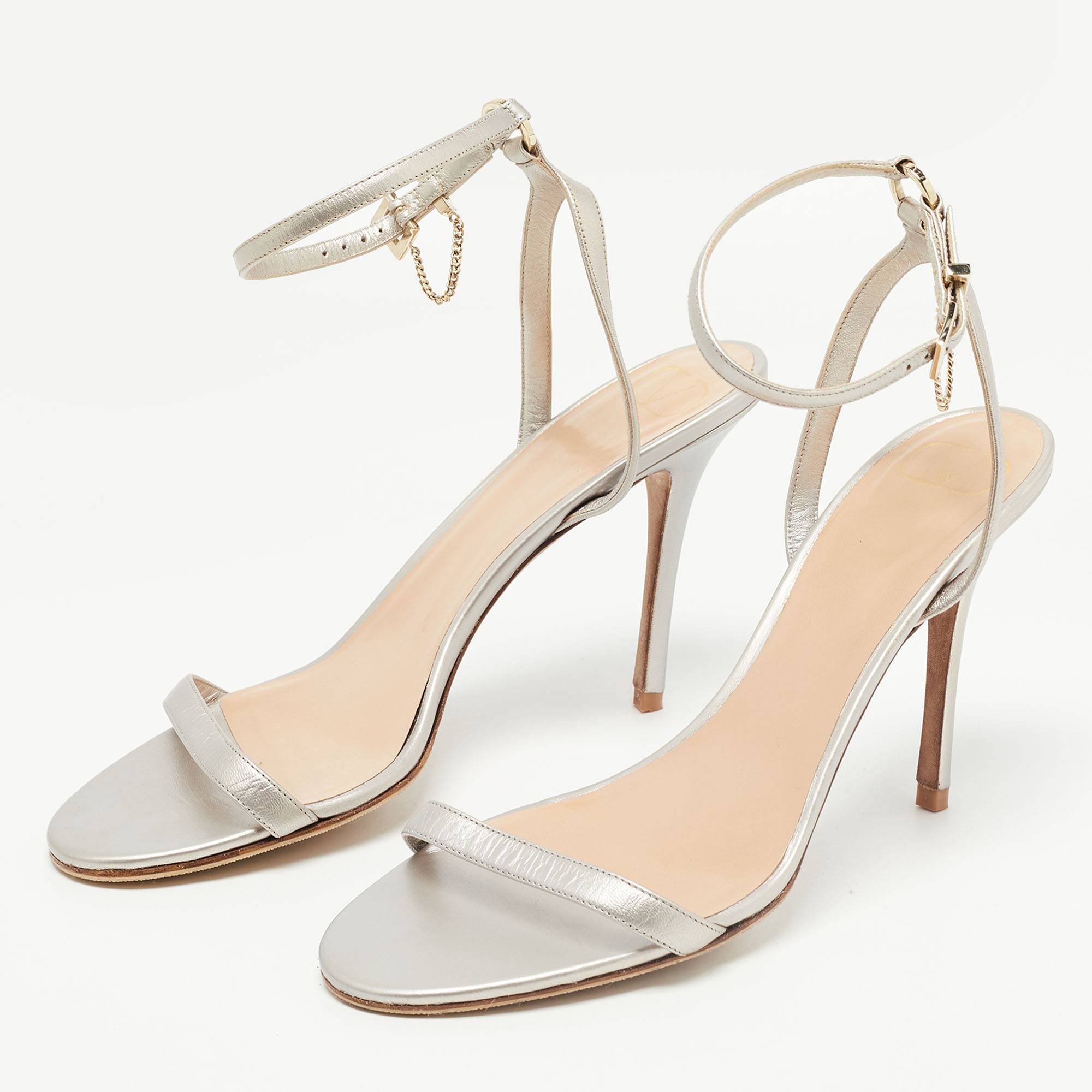 

Valentino Metallic Leather Ankle Strap Sandals Size