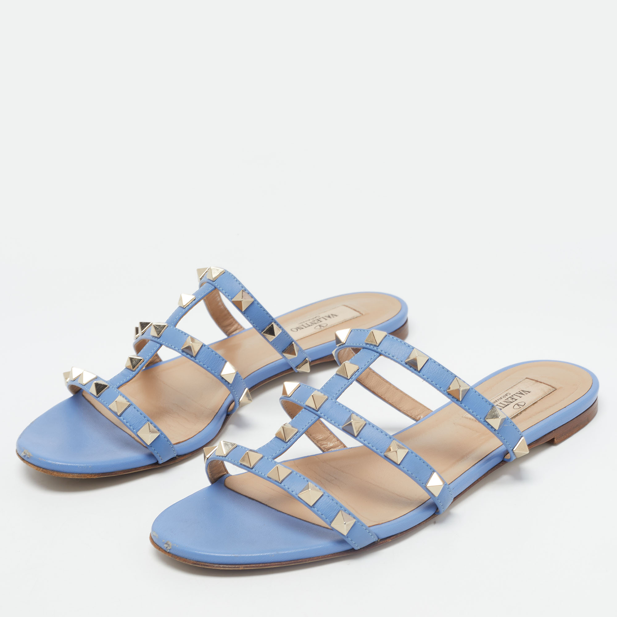

Valentino Blue Leather Rockstud Flat Slides Size