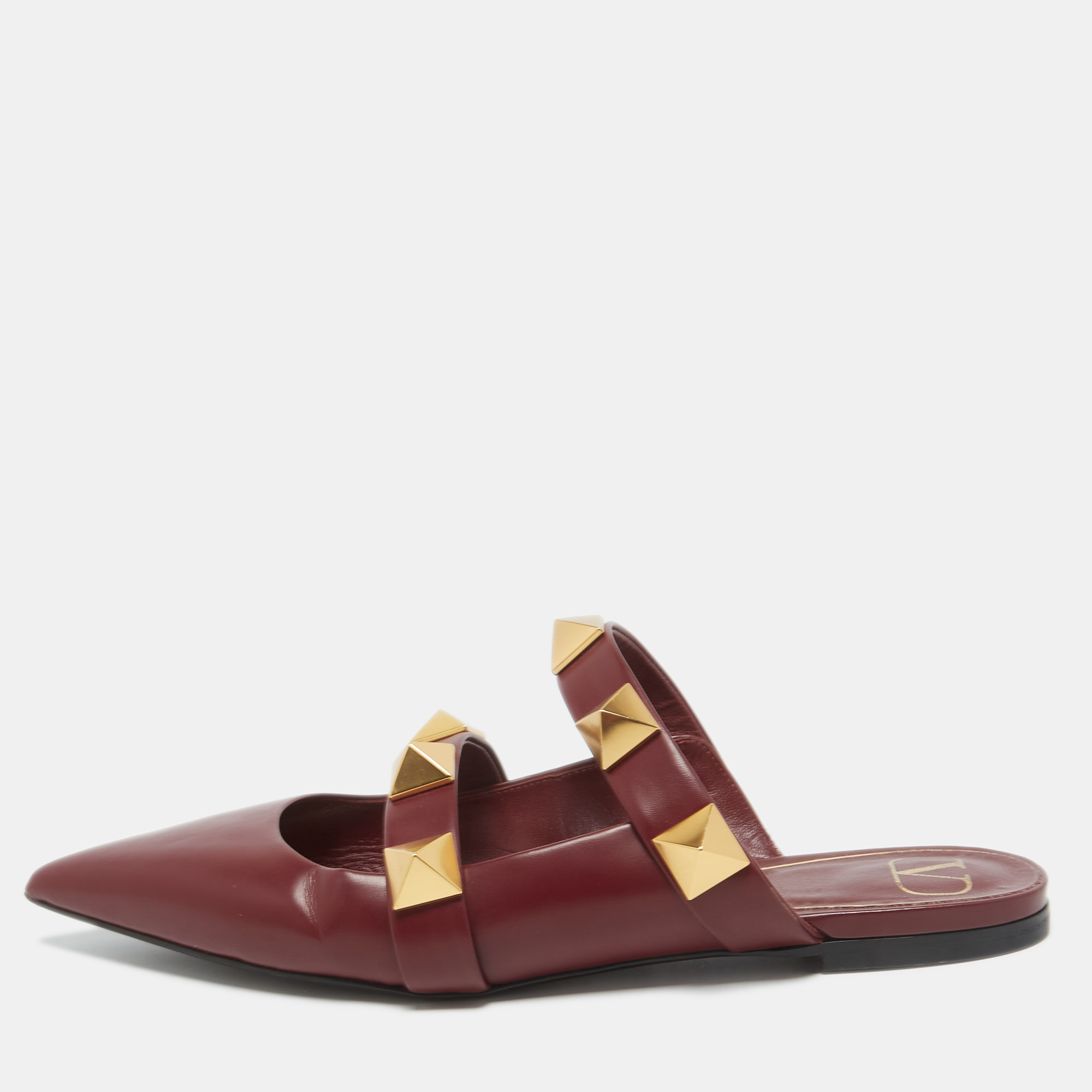 Pre Owned Valentino Burgundy Leather Roman Stud Flat Mules Size 40