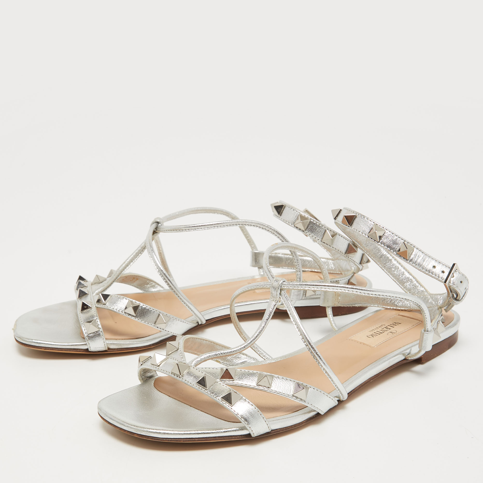 

Valentino Silver Leather Rockstud Ankle Strap Flat Sandals Size