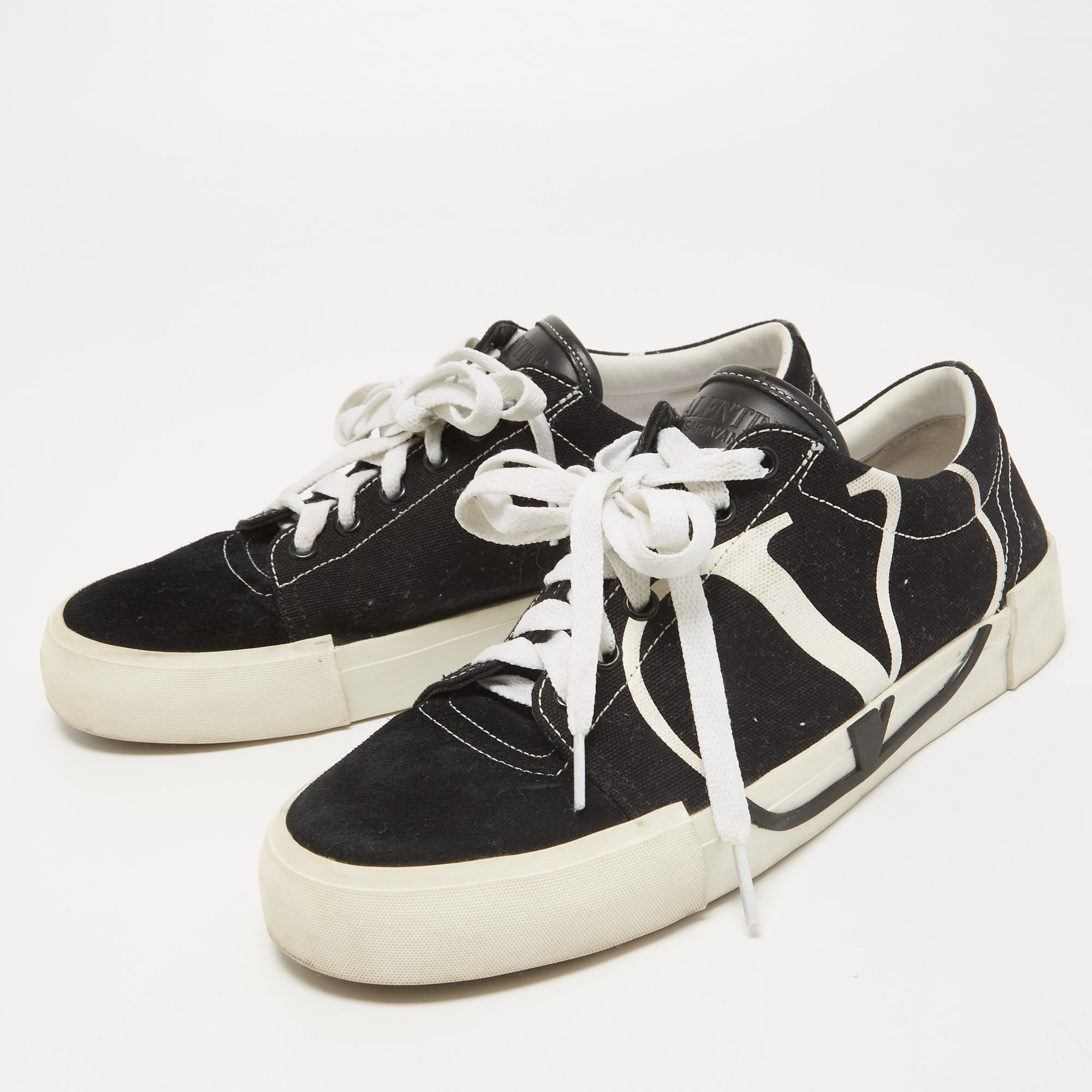 

Valentino Black Suede and Canvas V Logo Low Top Sneakers Size