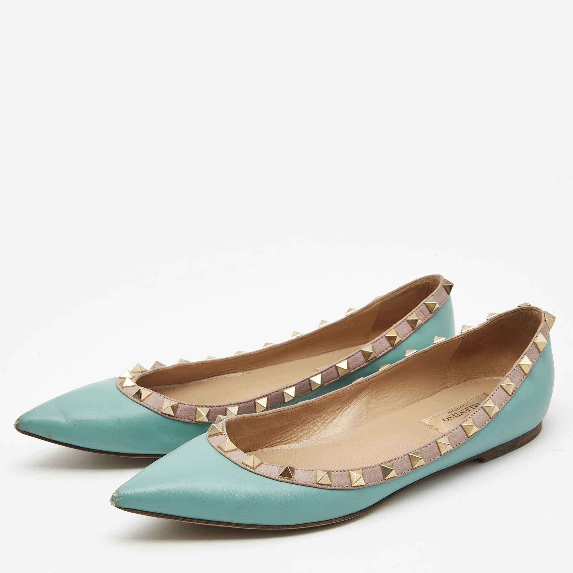 

Valentino Blue/Beige Leather Rockstud Ballet Flats Size