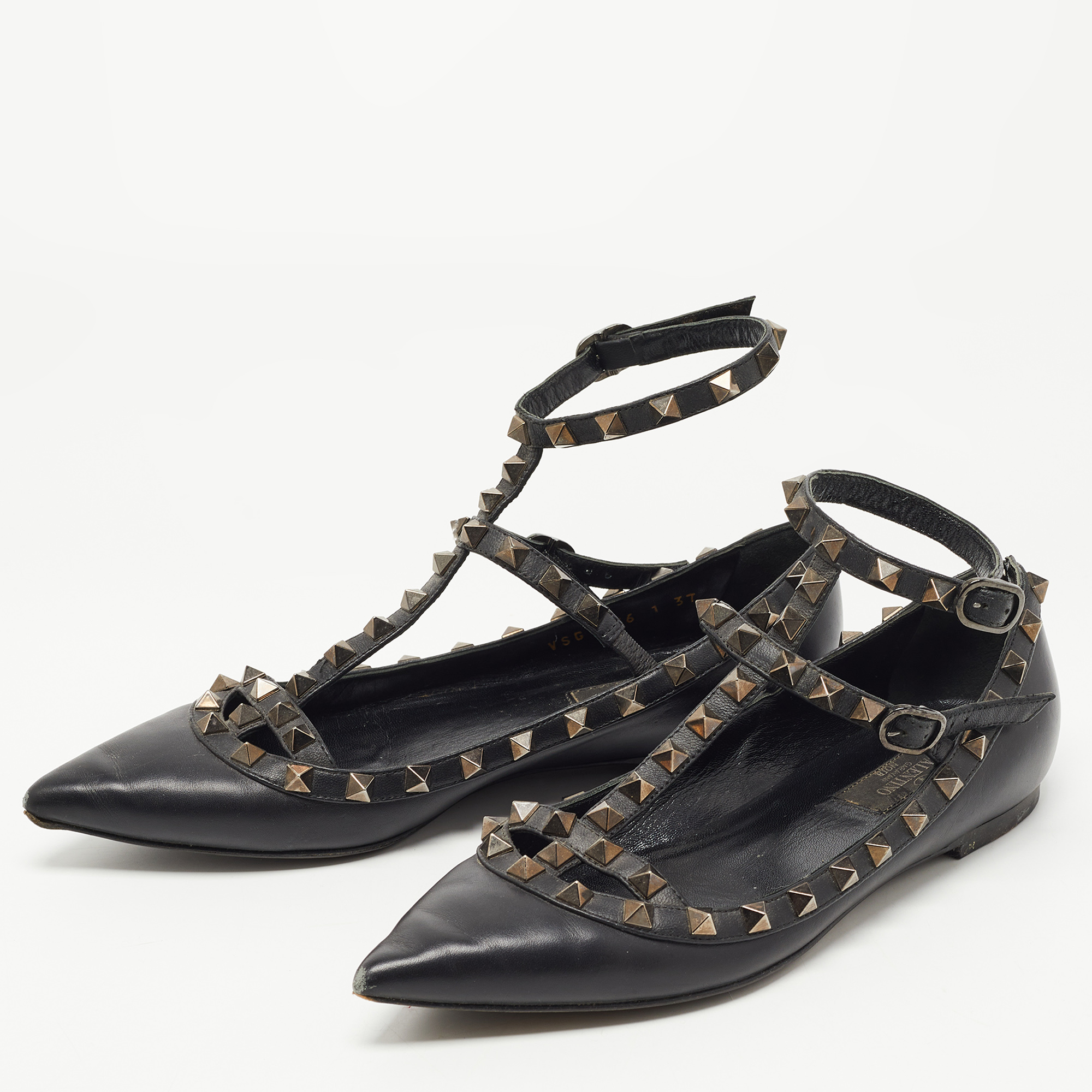 

Valentino Black Leather Rockstud Ankle Strap Ballet Flats Size