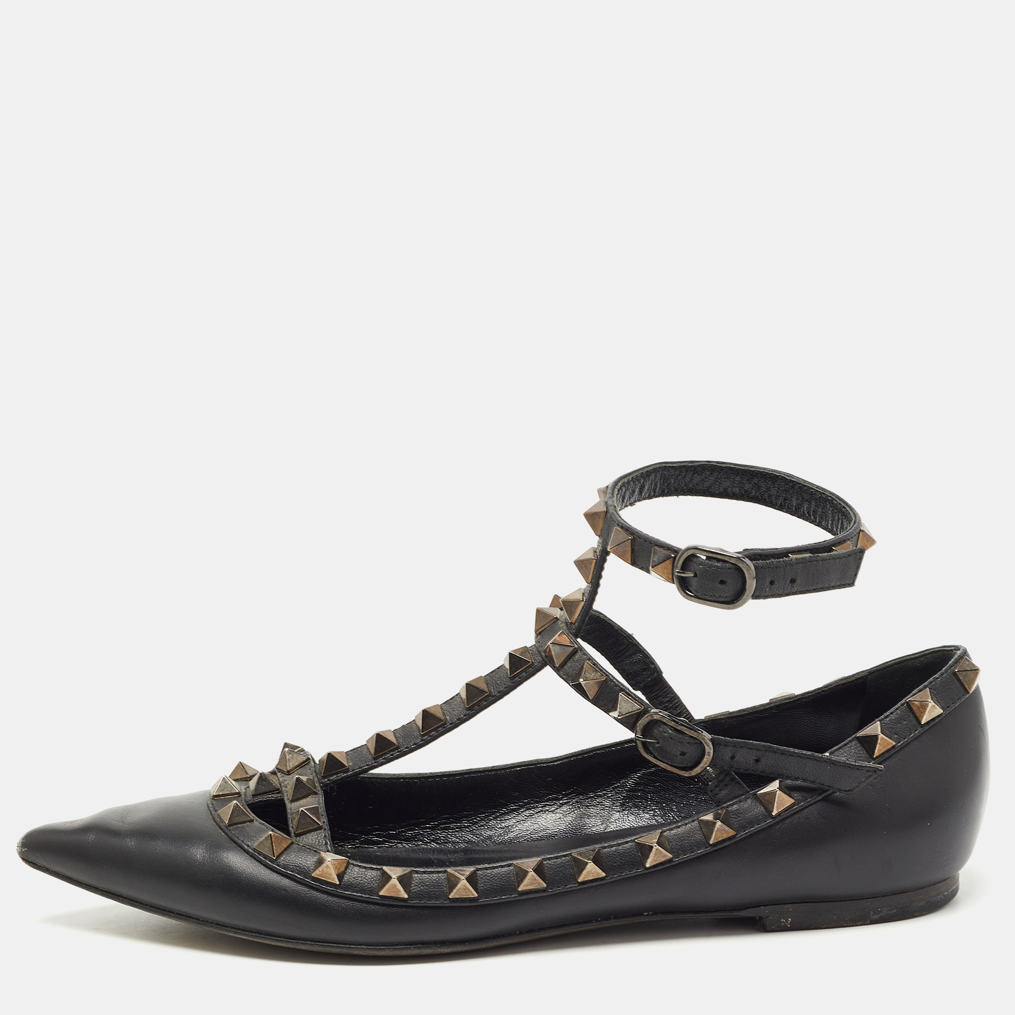 Pre-owned Valentino Garavani Black Leather Rockstud Ankle Strap Ballet ...