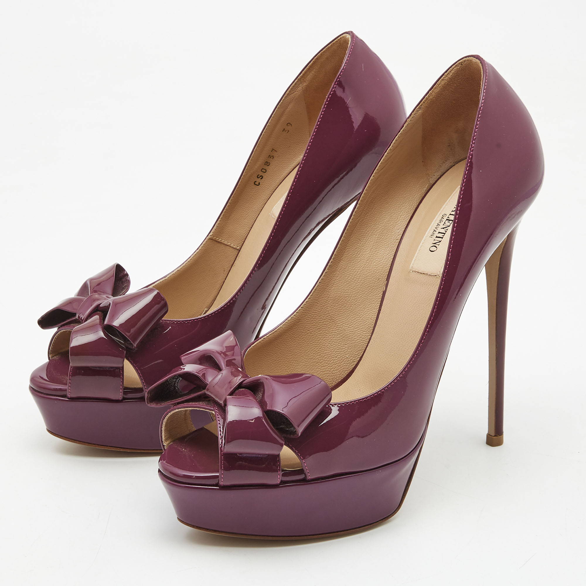 

Valentino Purple Patent Leather Bow Peep Toe Platform Pumps Size