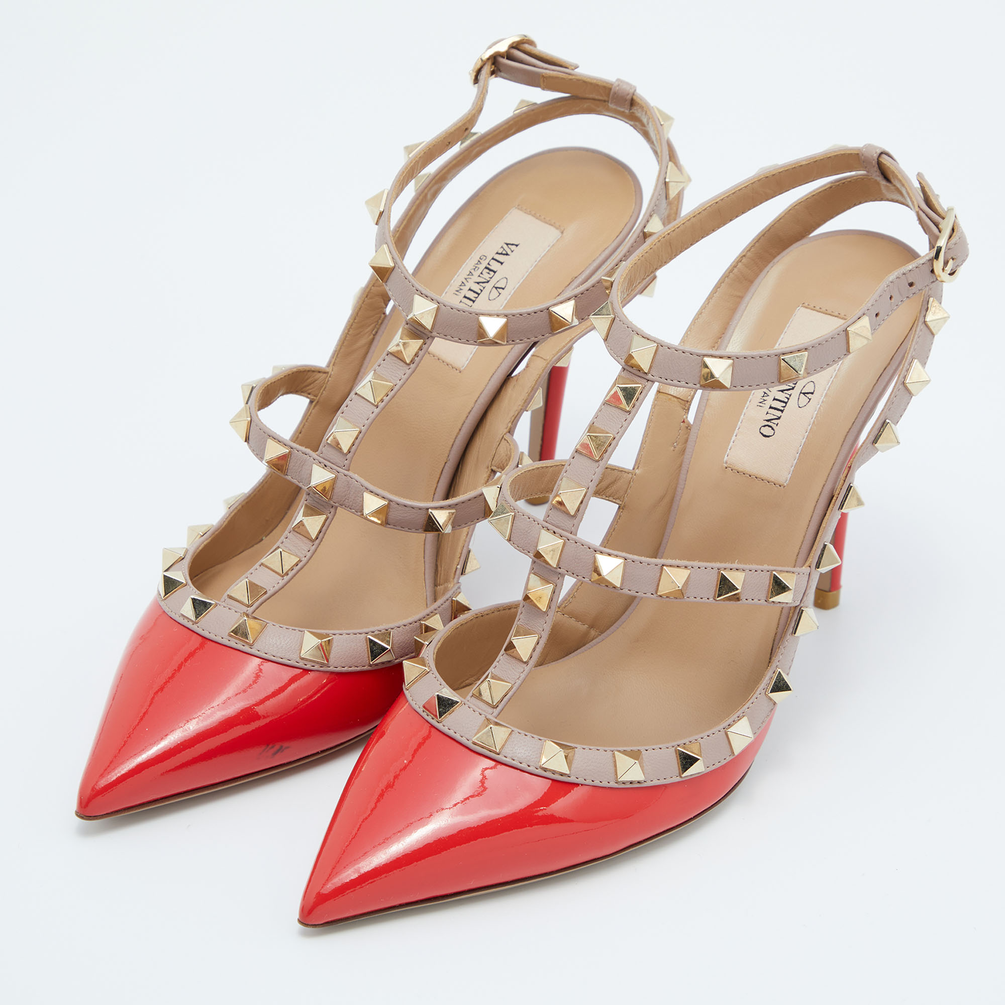 

Valentino Red/Pink Patent Leather Rockstud Ankle Strap Pumps Size