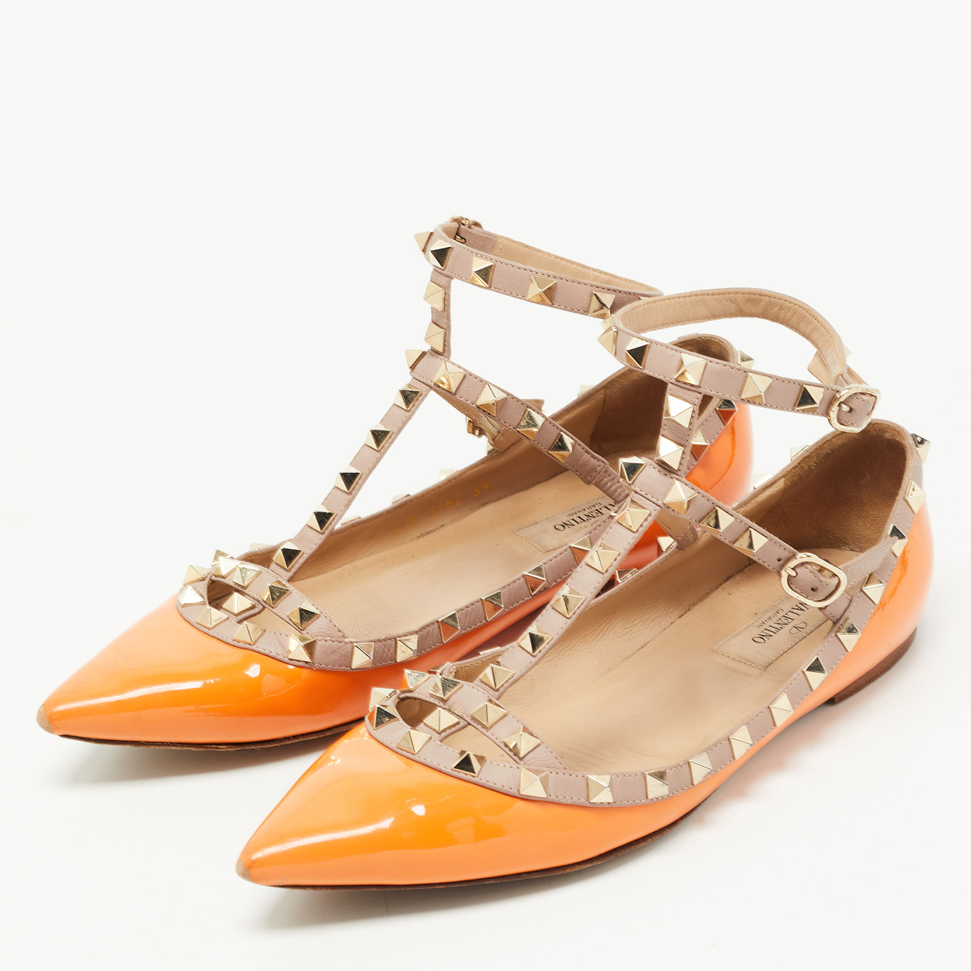 

Valentino Orange Patent Leather Rockstud Ankle Strap Ballet Flats Size