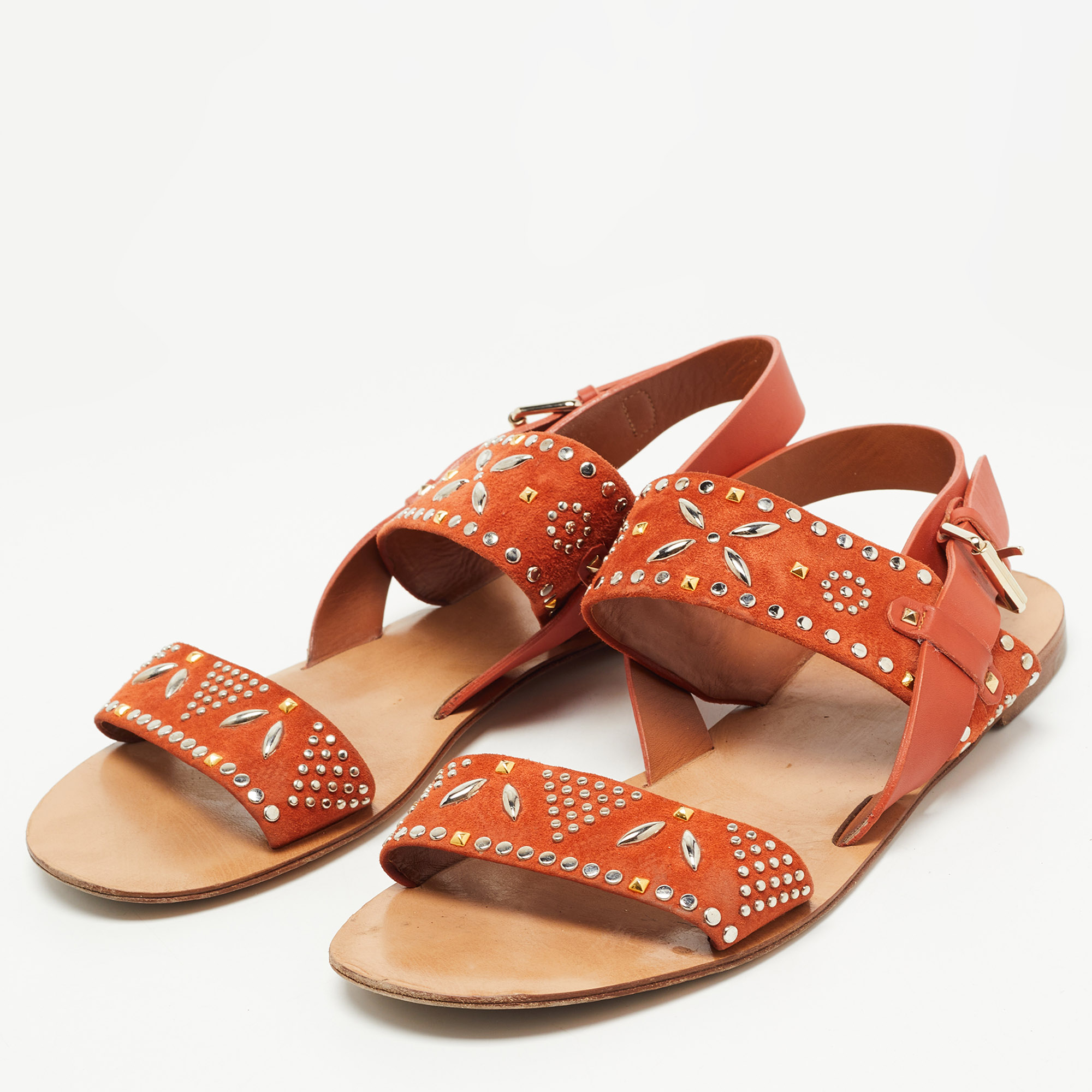 

Valentino Orange Suede and Leather Crystal Embellished Flat Sandals Size