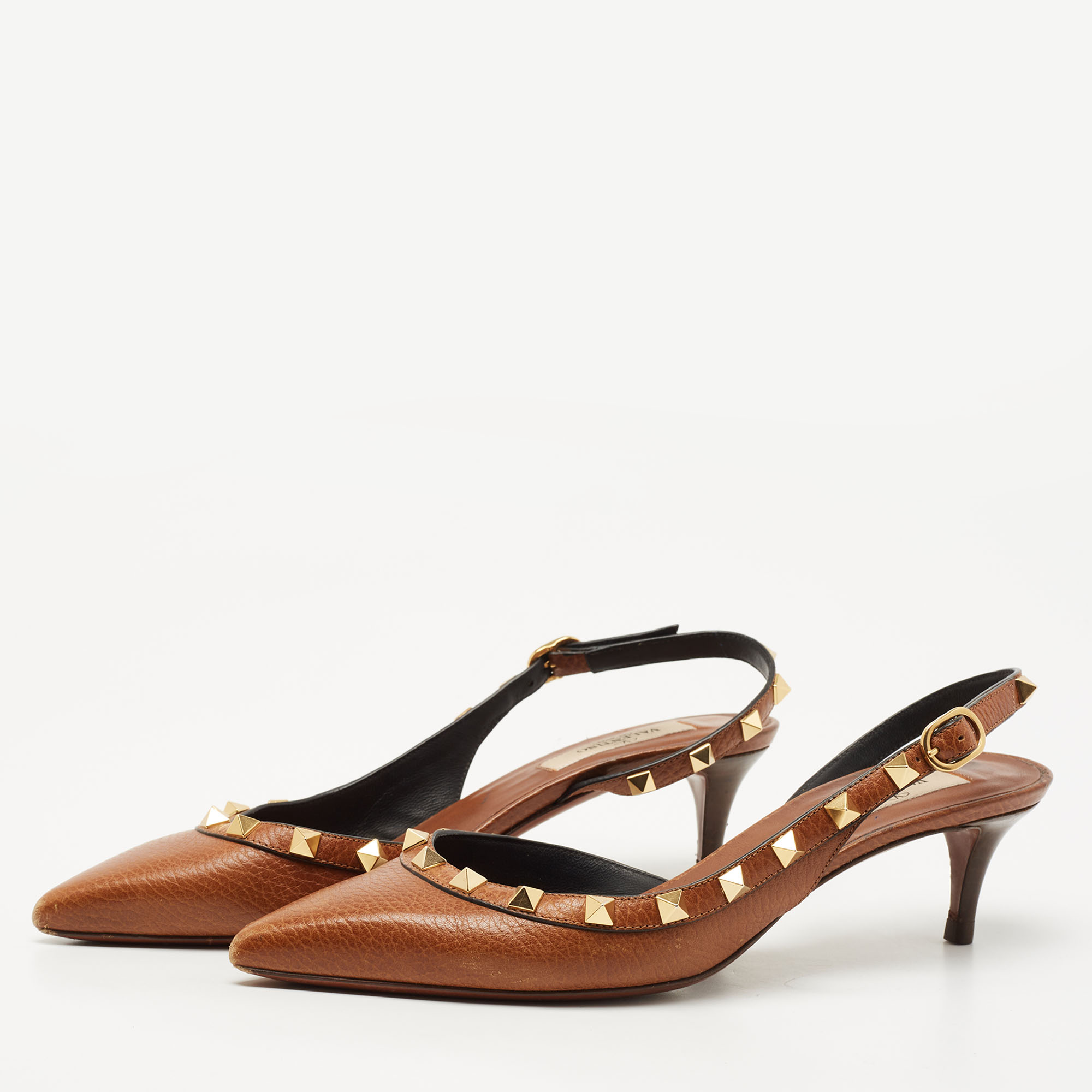

Valentino Brown Leather Rockstud Slingback Pumps Size
