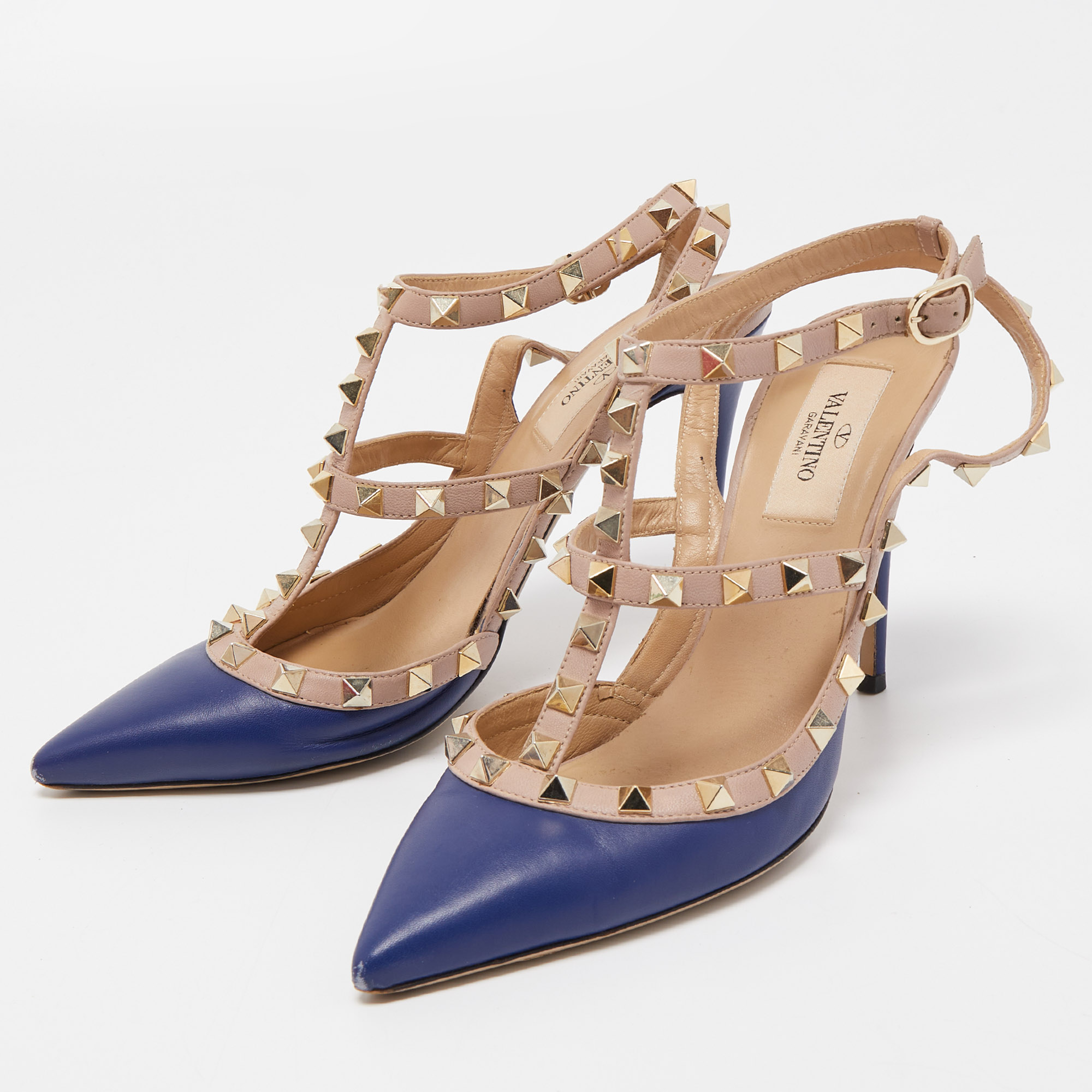 

Valentino Blue/Dusty Pink Leather Rockstud Ankle Strap Pumps Size