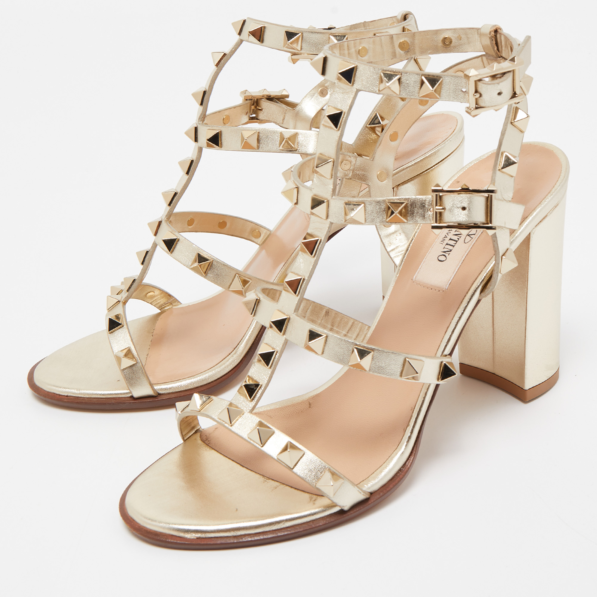 

Valentino Gold Foil Leather Rockstud Strappy Block Heel Sandals Size