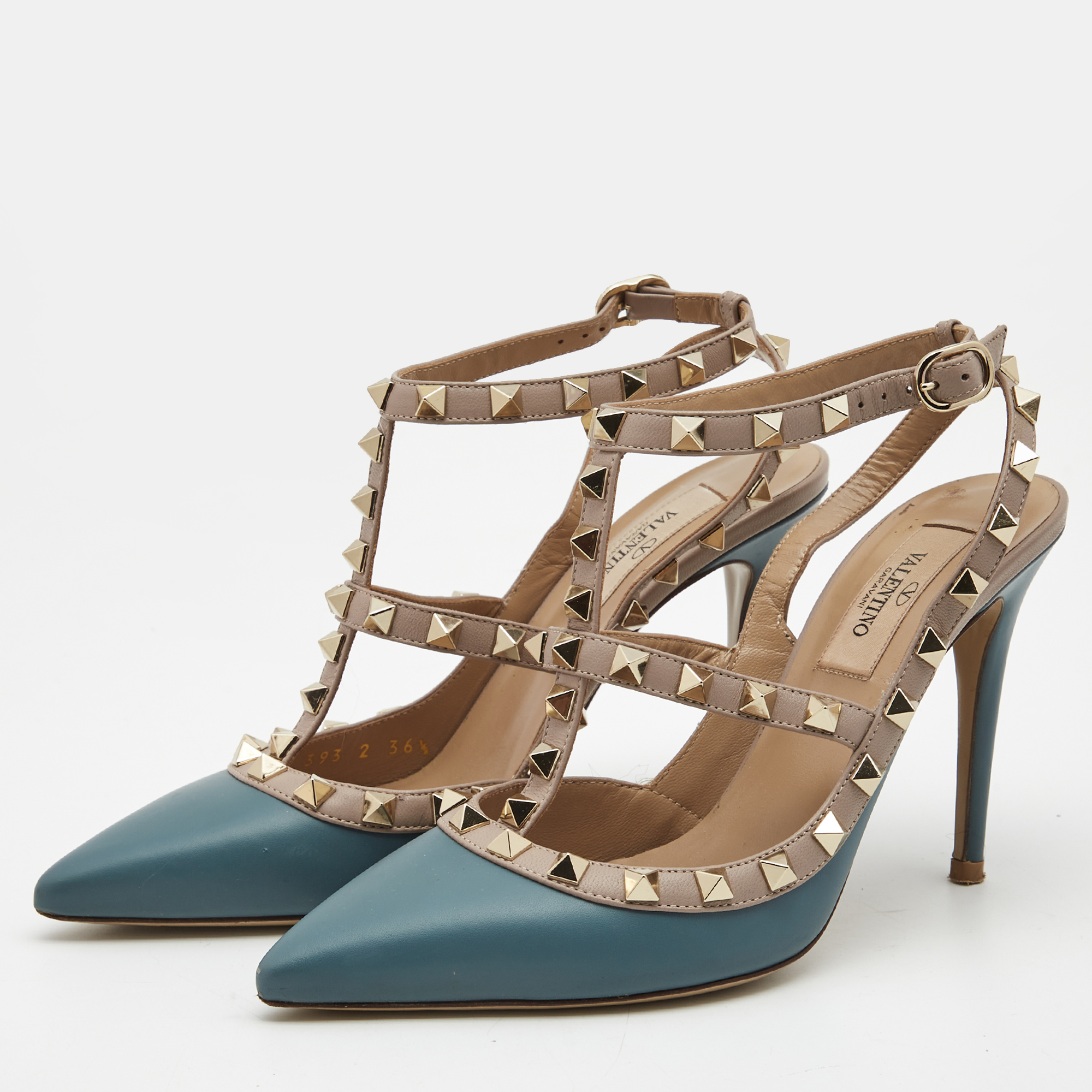 

Valentino Blue/Dusty Pink Leather Rockstud Ankle Strap Pumps Size