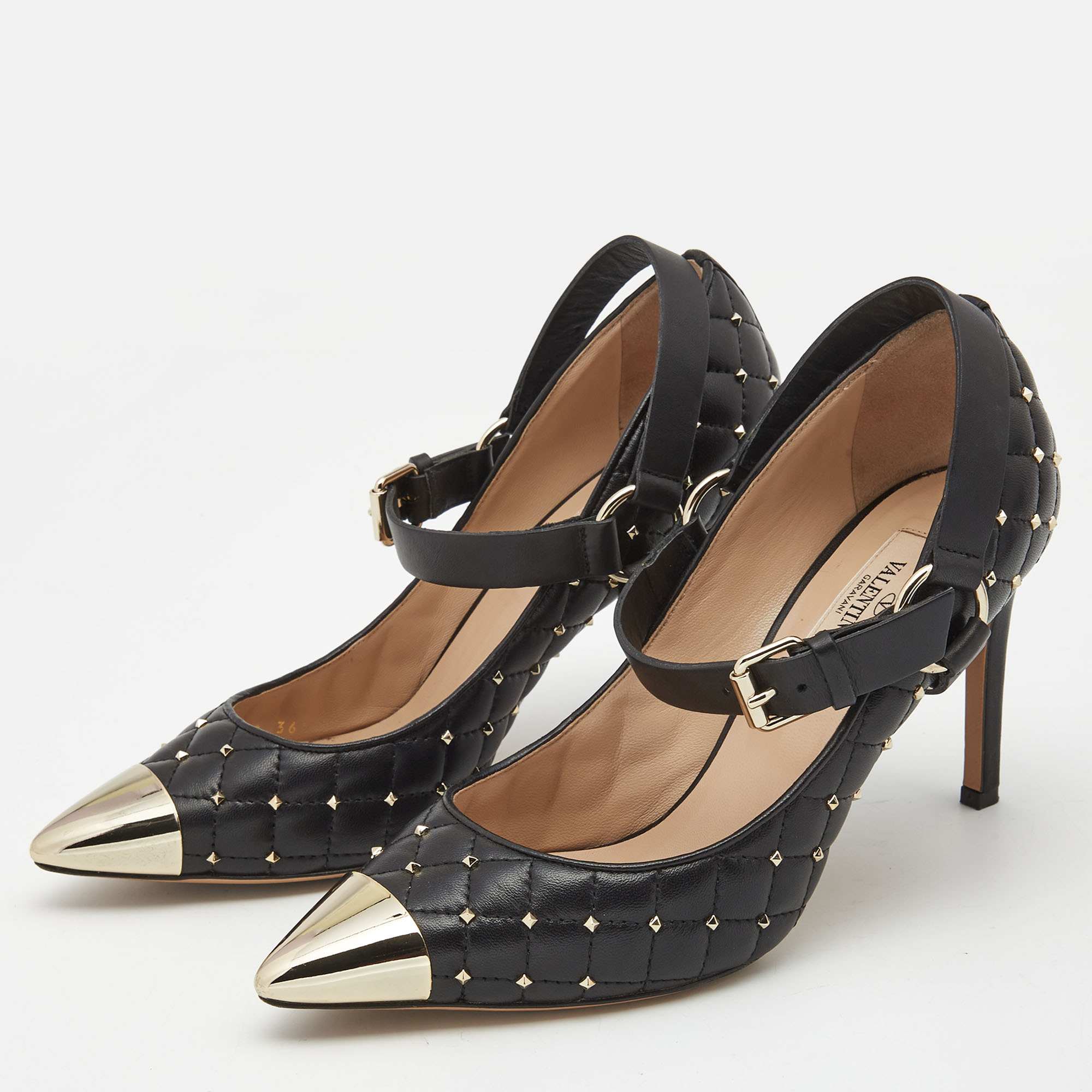 

Valentino Black Quilted Leather Rockstud Spike Mary Jane Pumps Size