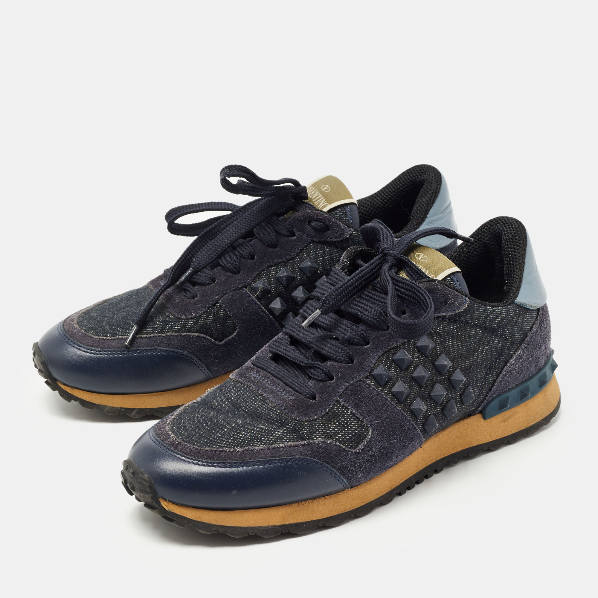 

Valentino Navy Blue Denim and Leather Rockstud Sneakers Size
