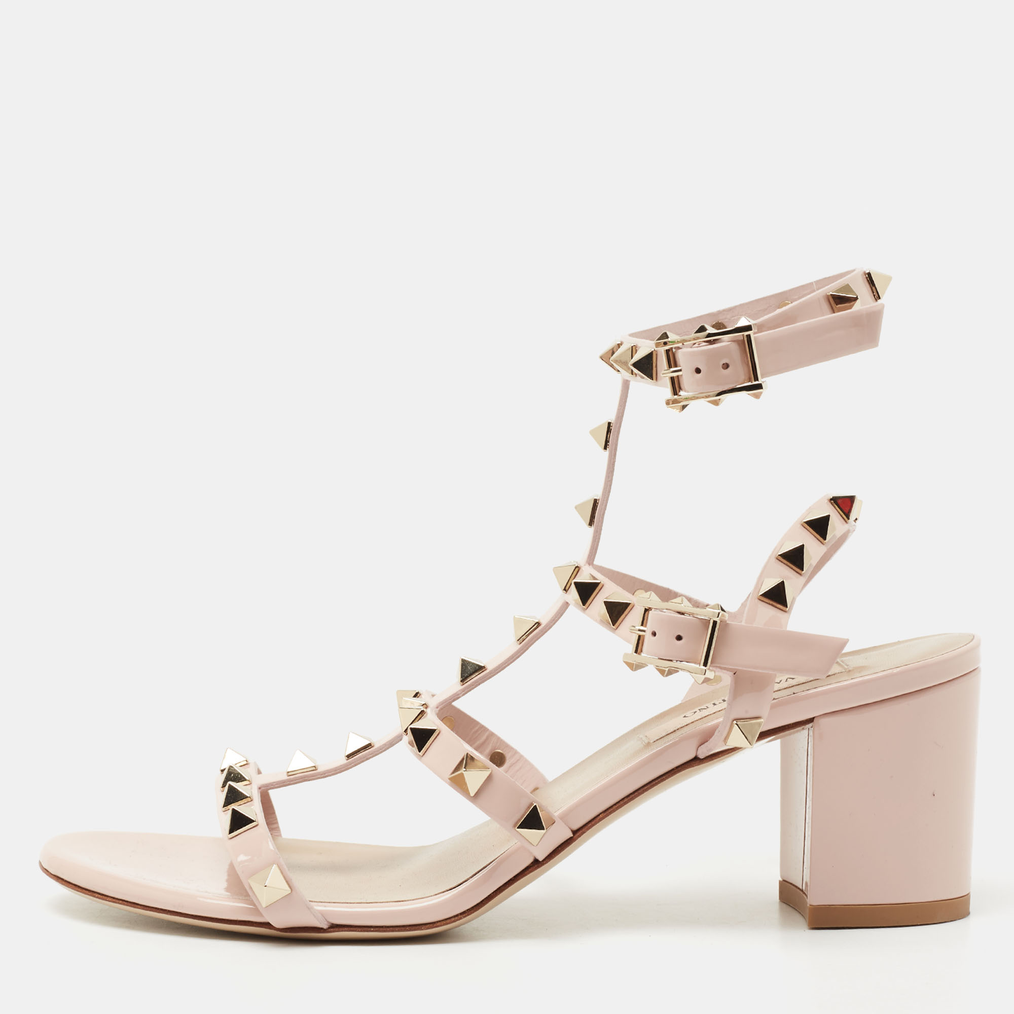 Pre Owned Valentino Light Pink Patent Leather Rockstud Ankle Strap Sandals Size 37.5