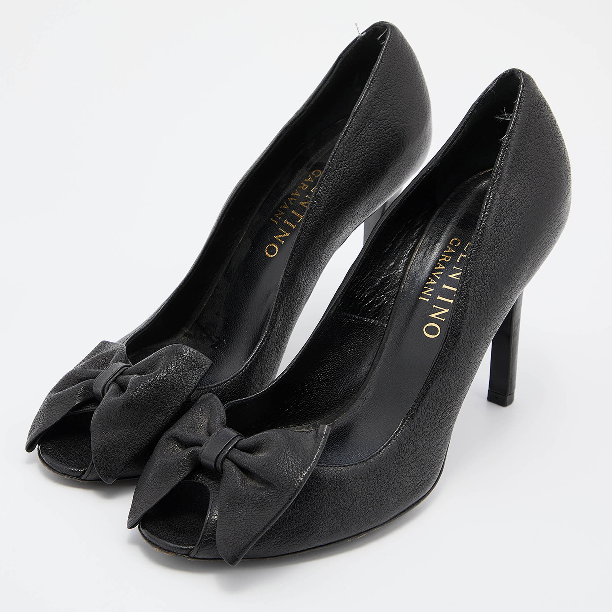 

Valentino Black Leather Bow Peep Toe Pumps Size