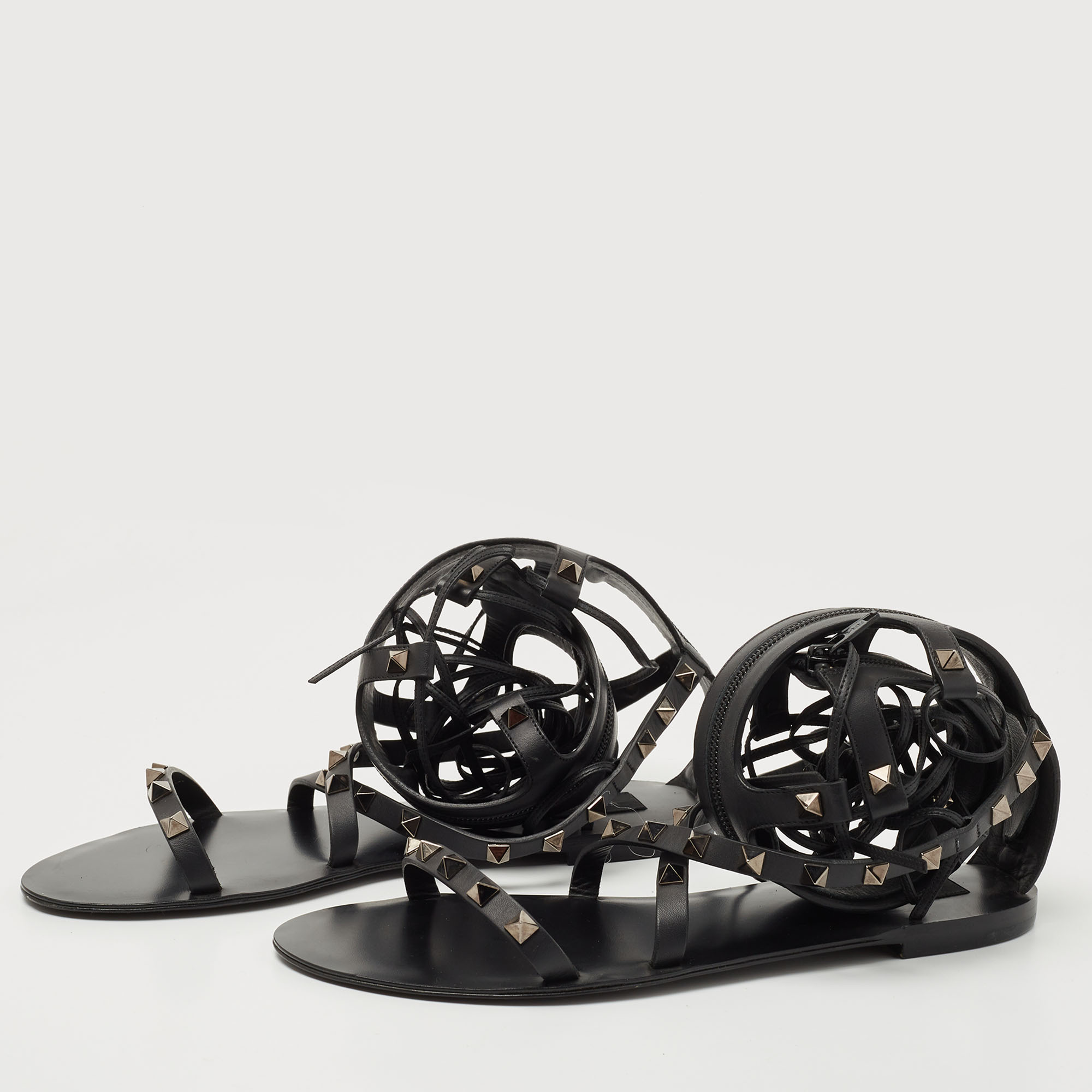 

Valentino Black Leather Rockstud Gladiator Flat Sandals Size