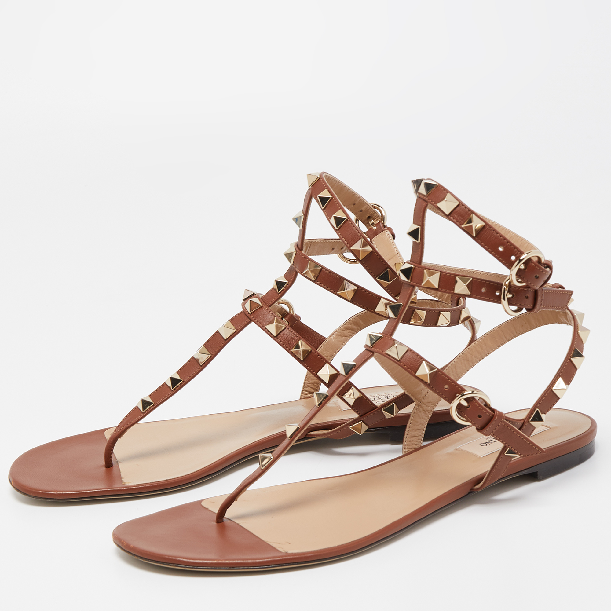

Valentino Brown Leather Rockstud Caged Flats Size