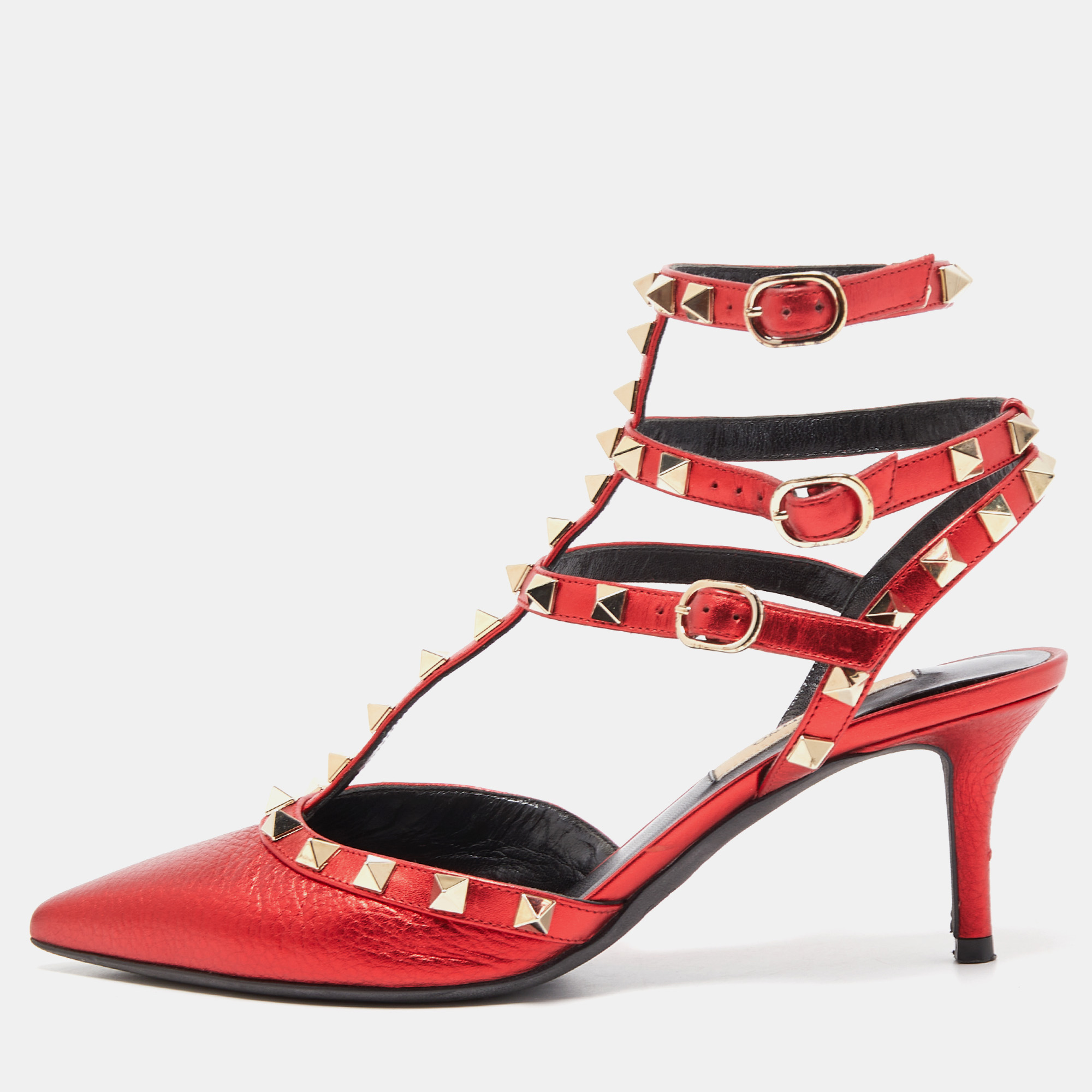 

Valentino Metallic Red Leather Rockstud Ankle Strap Pumps Size
