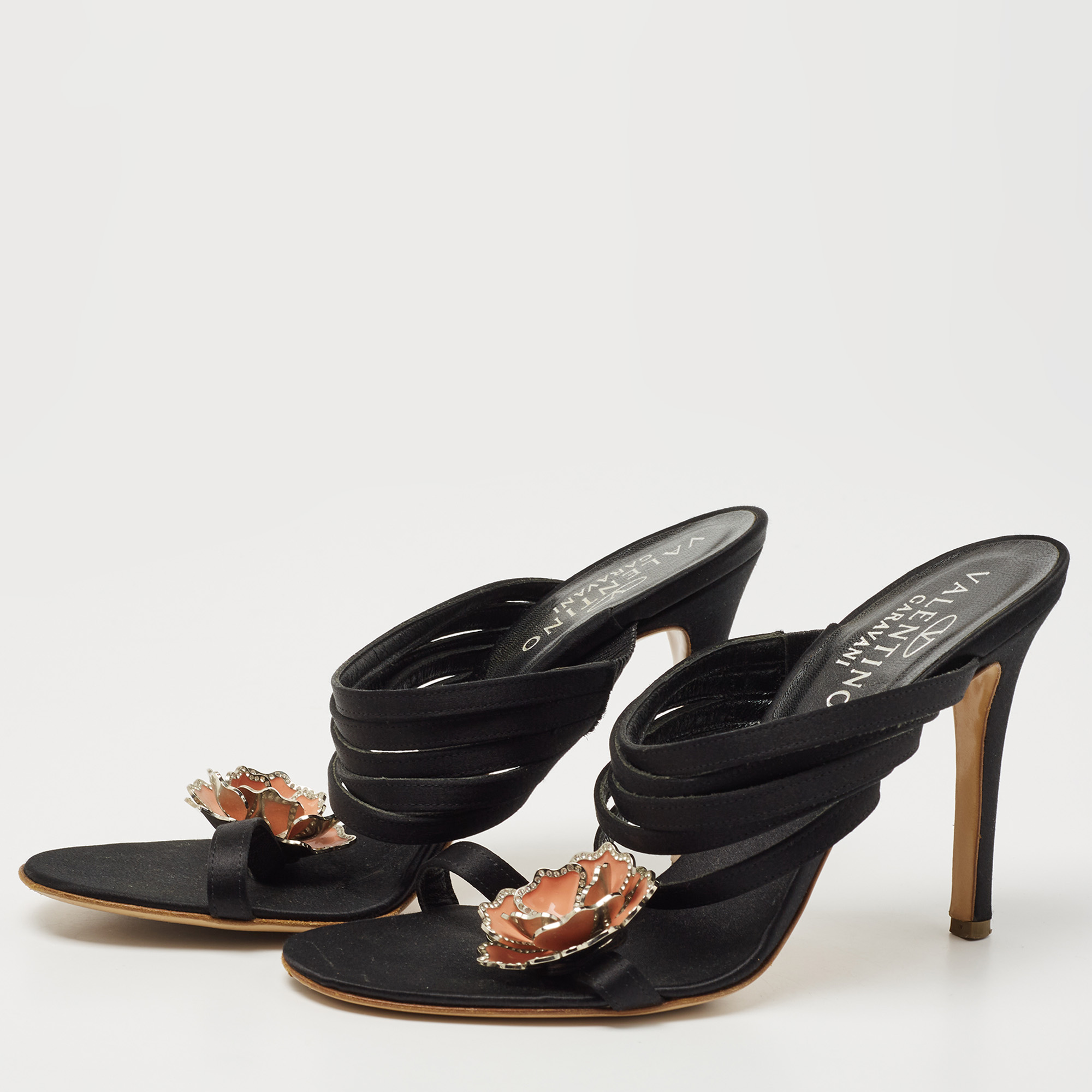 

Valentino Black Satin Crystal Embellished Flower Slide Sandals Size