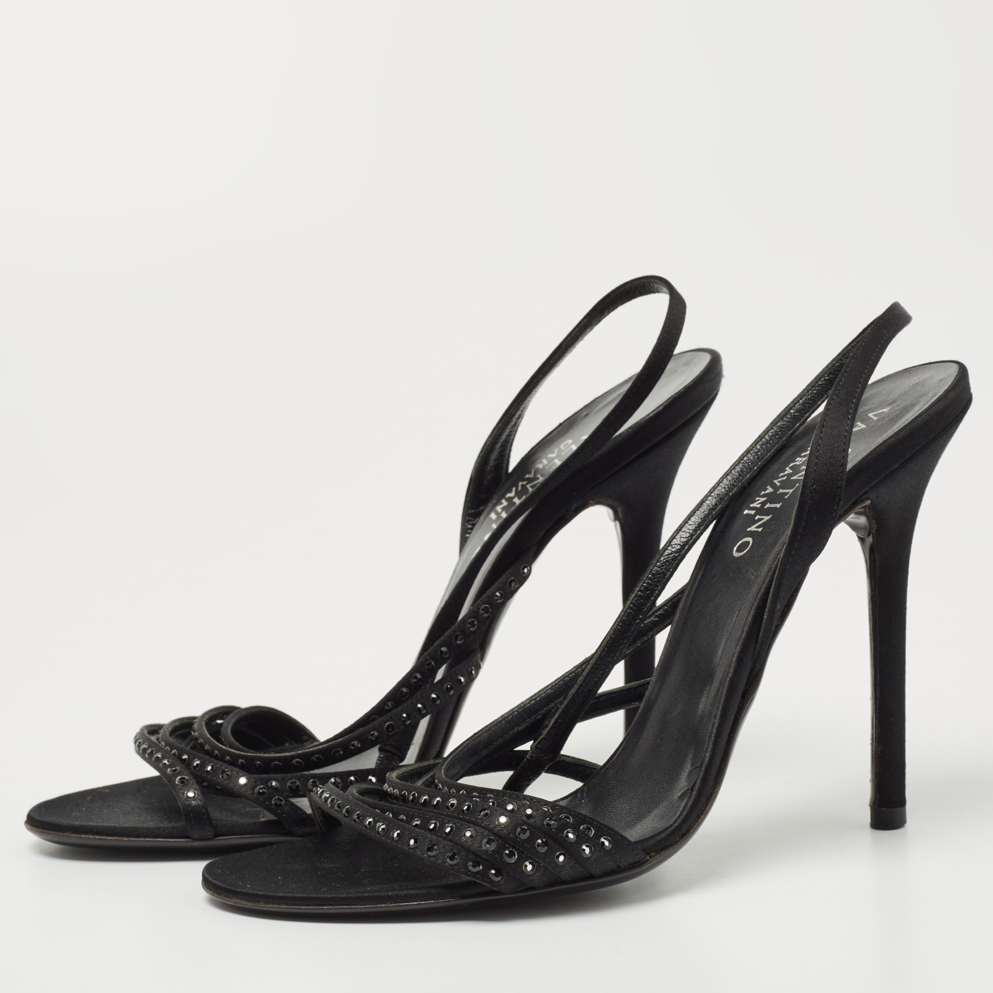 

Valentino Black Crystal Embellished Satin Slingback Strappy Sandals Size