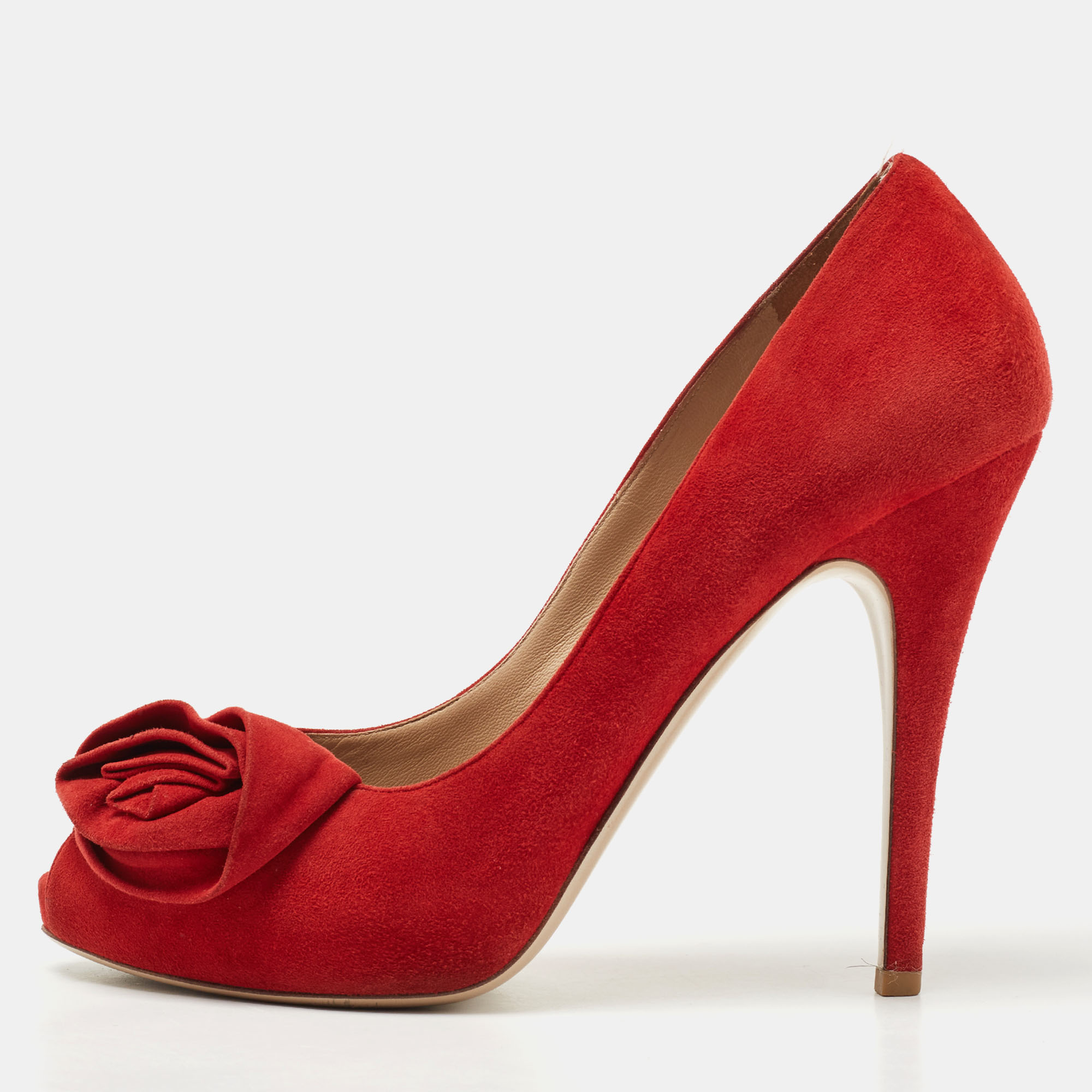 Pre-owned Valentino Garavani Red Suede Rose Peep Toe Pumps Size 39.5